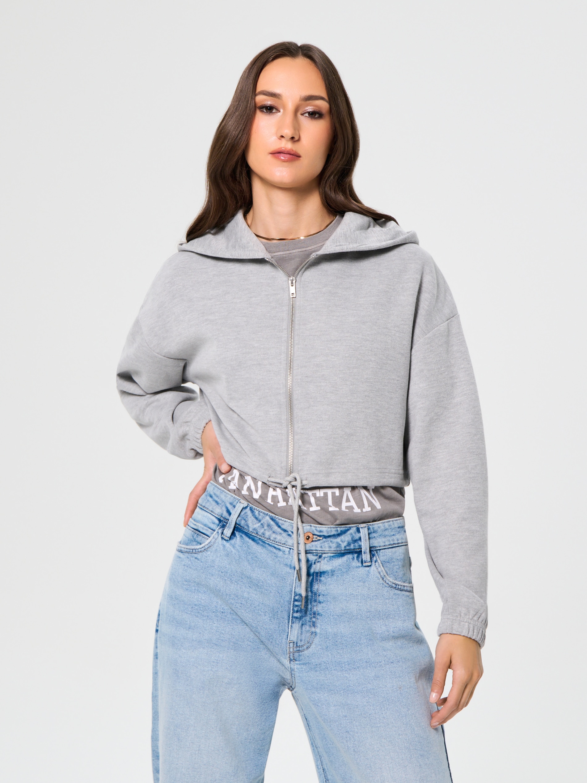 Sinsay - Bluza crop z kapturem - szary