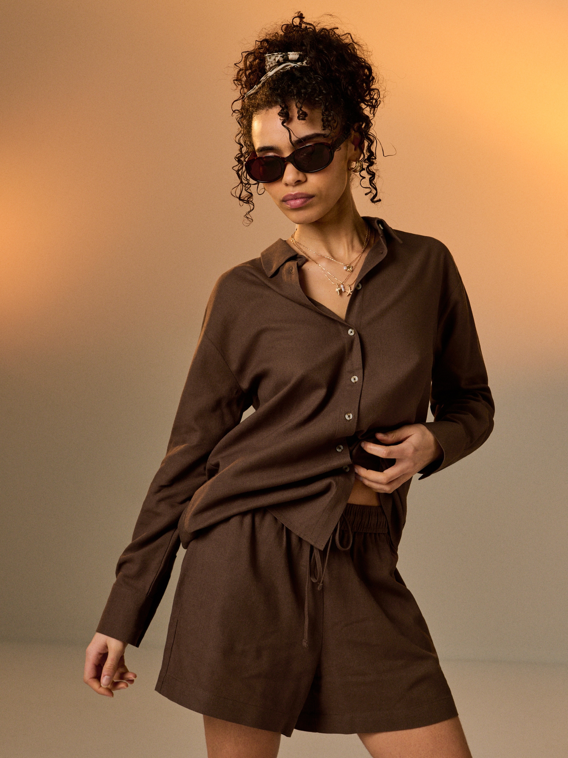 Sinsay - Koszula z domieszką lnu - brązowy