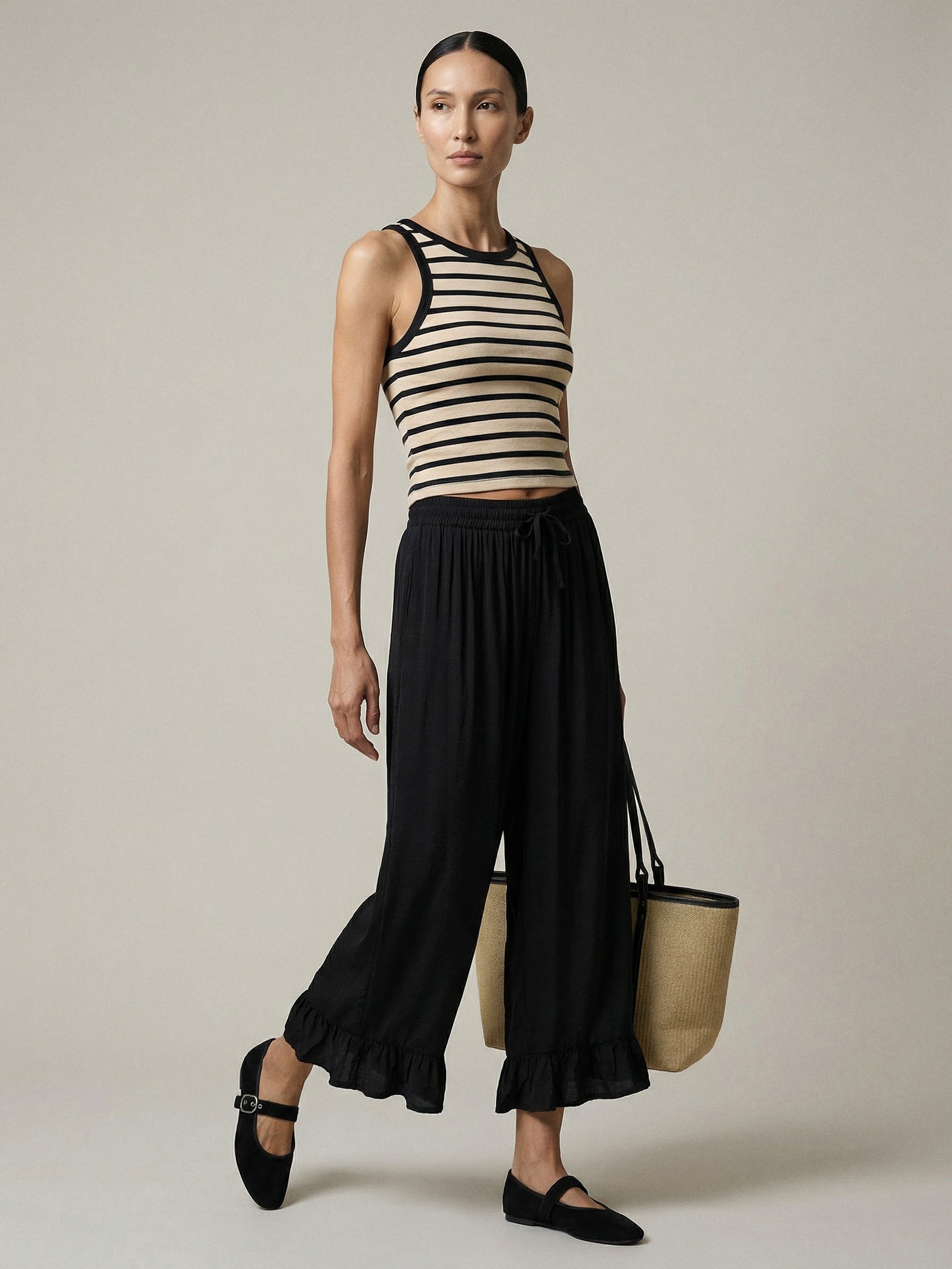 Sinsay - Spodnie z falbankami i wiskozą - czarny