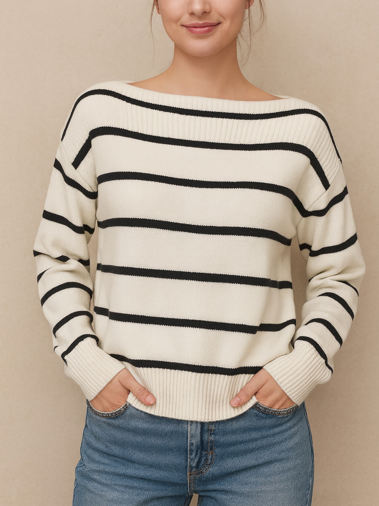 Sinsay - Sweter w paski - kremowy