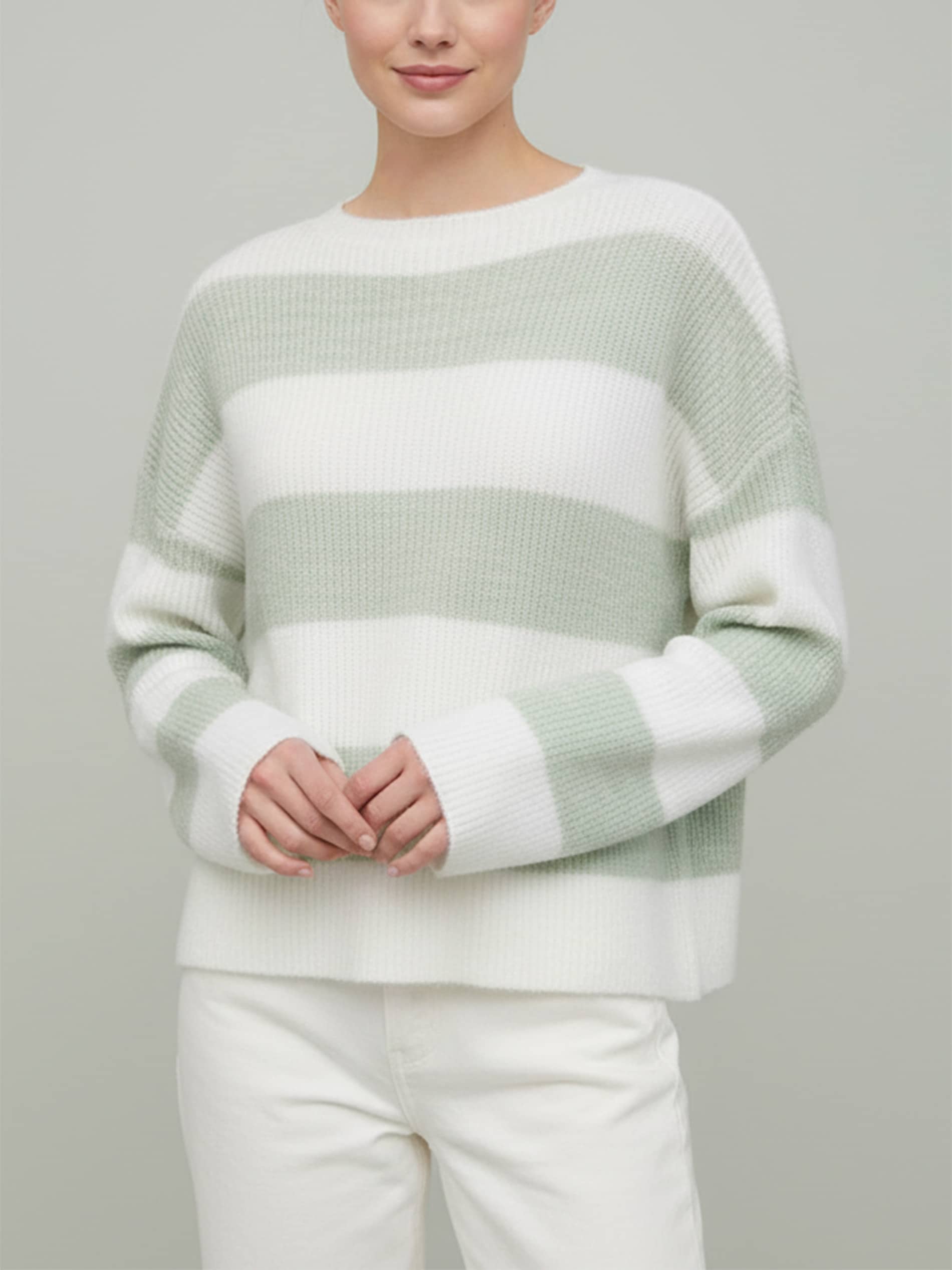 Sinsay - Sweter w pasy z okrągłym dekoltem i długim rękawem - zielony