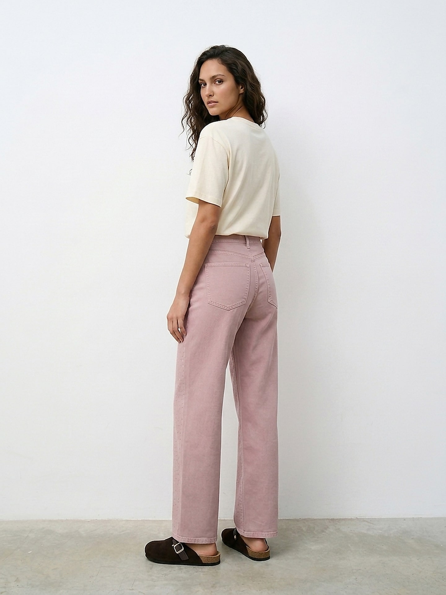 Sinsay - Jeansy wide leg z cyrkoniami - różowy