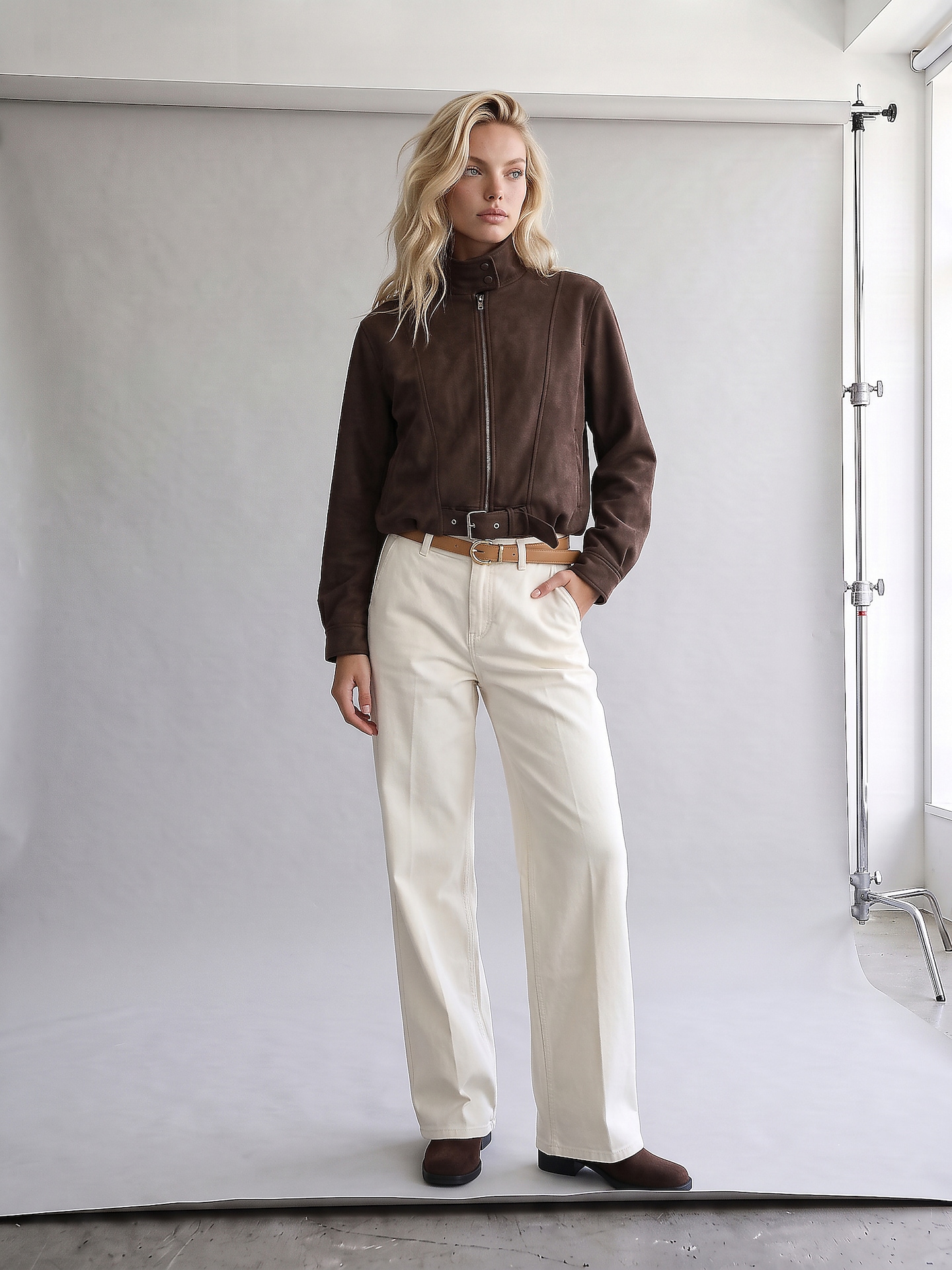 Sinsay - Jeansy wide leg mid waist z paskiem - kremowy