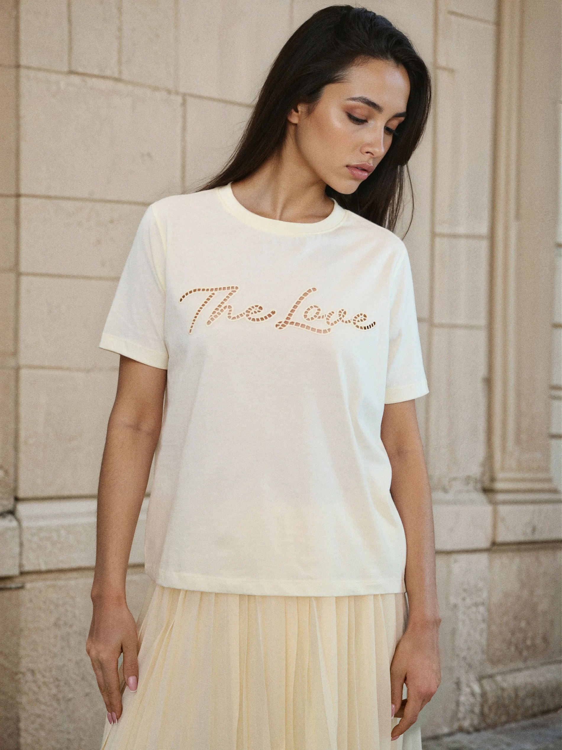 Sinsay - Bawełniana koszulka z ażurowym napisem - żółty