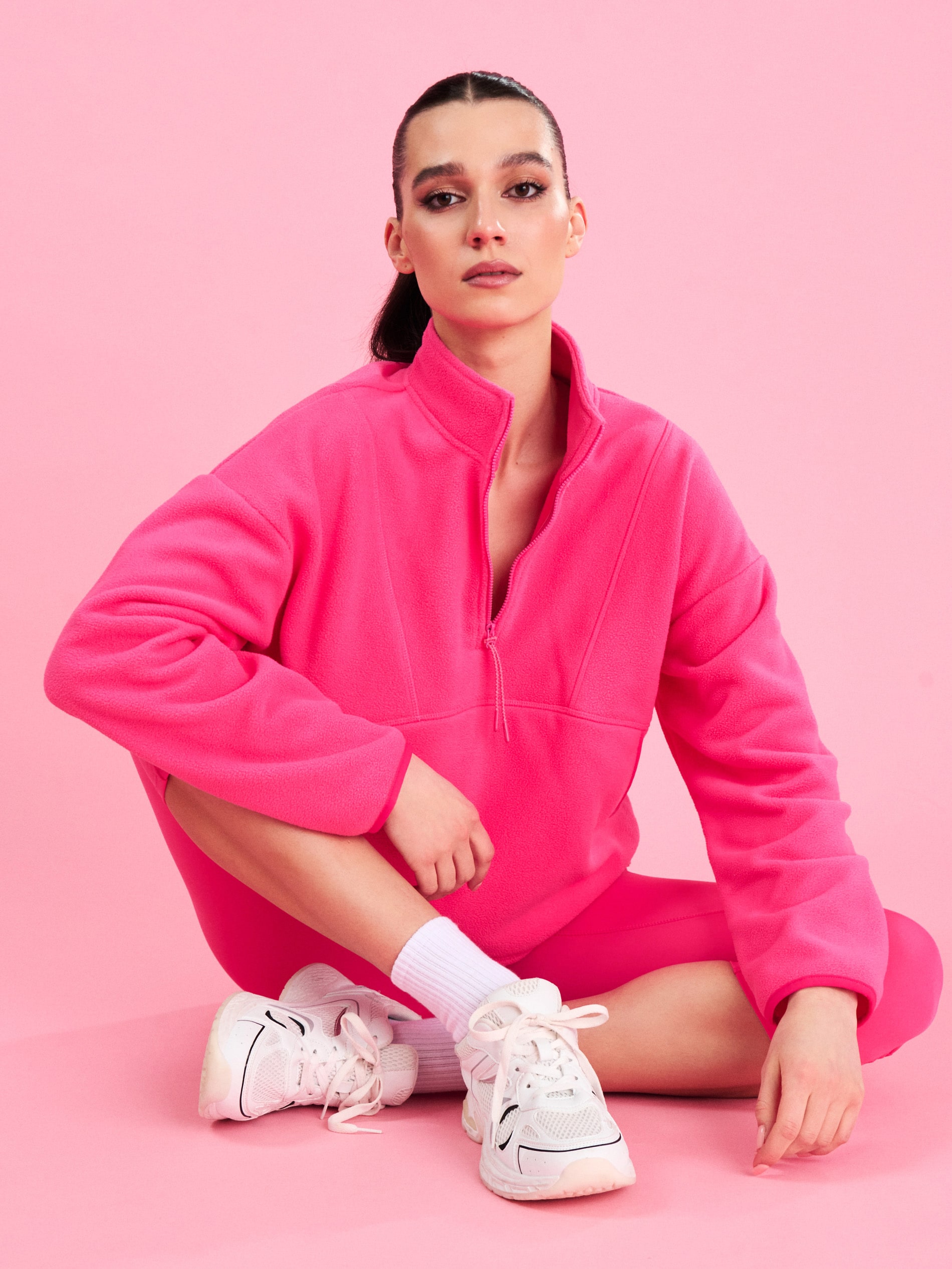 Sinsay - Polarowa bluza half-zip ze stójką i ściągaczami Gym Hard - różowy