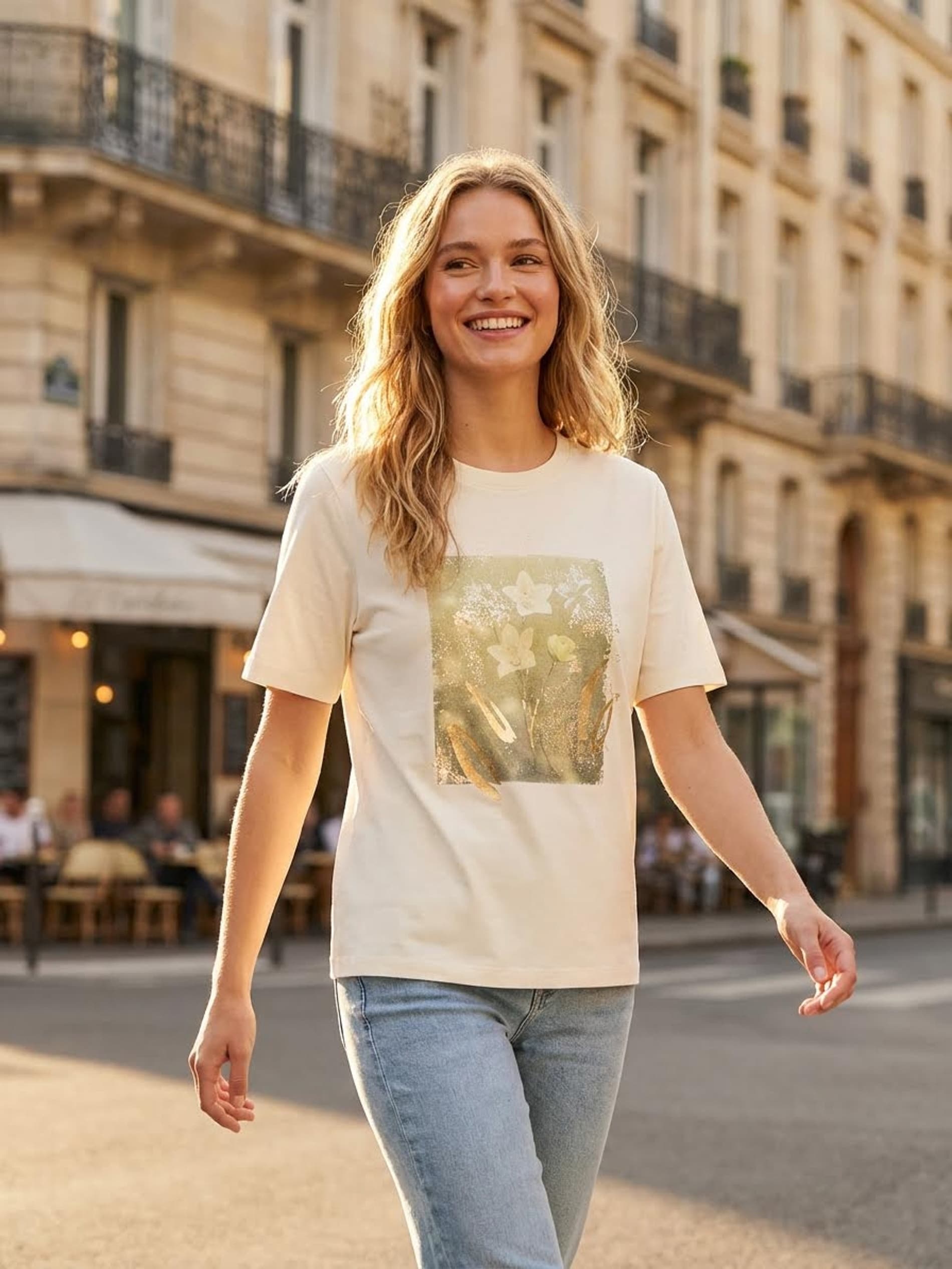 Sinsay - Bawełniana koszulka z krótkim rękawem i złotym nadrukiem - kremowy