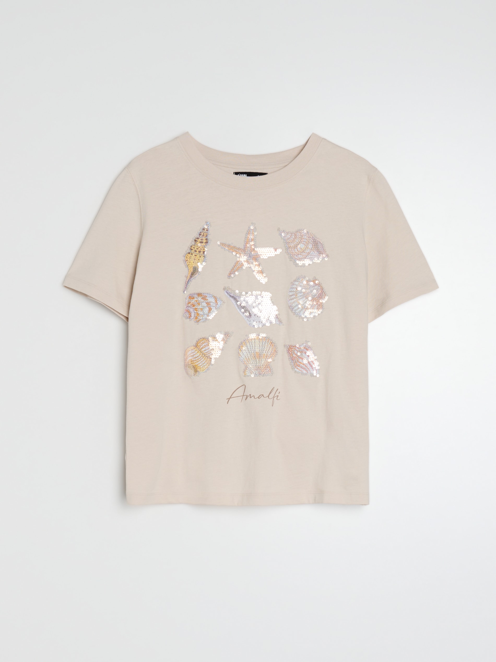 Sinsay - Bawełniana koszulka z ozdobnymi cekinami - kremowy