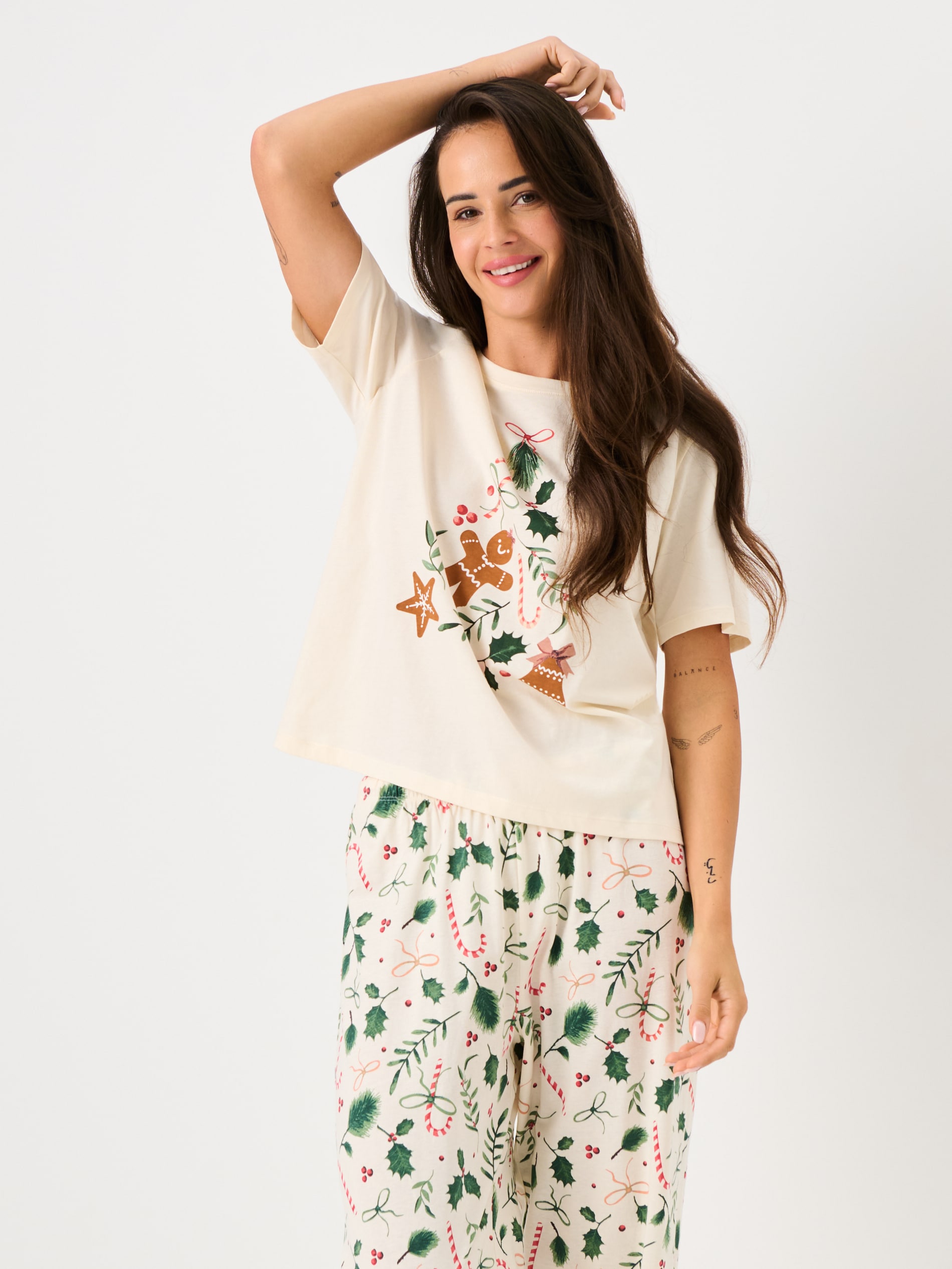 Sinsay - Πυτζάμα δύο τεμαχίων από βαμβάκι με τύπωμα - κρεμ φωτογραφία