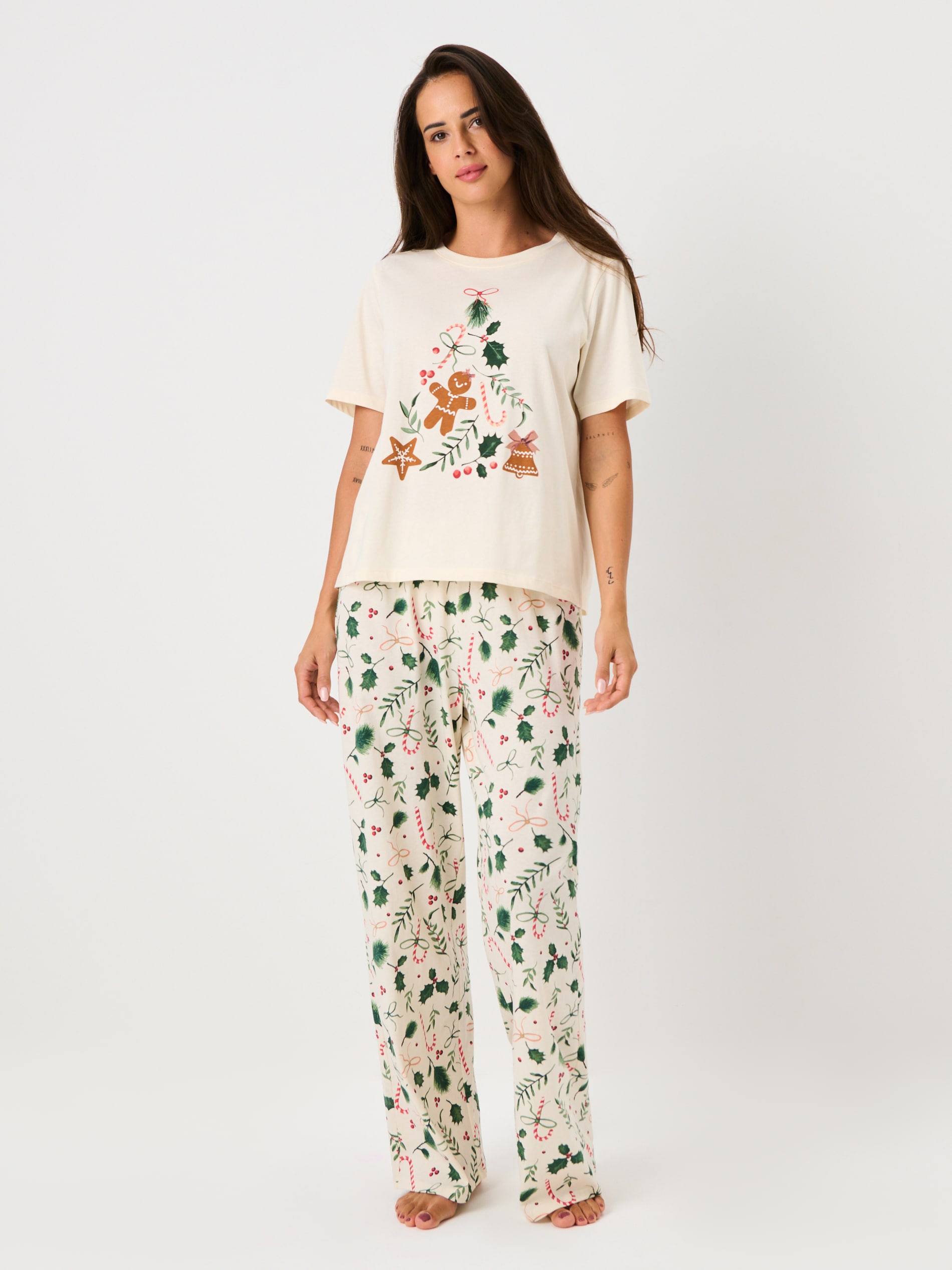 Sinsay - Πυτζάμα δύο τεμαχίων από βαμβάκι με τύπωμα - κρεμ φωτογραφία