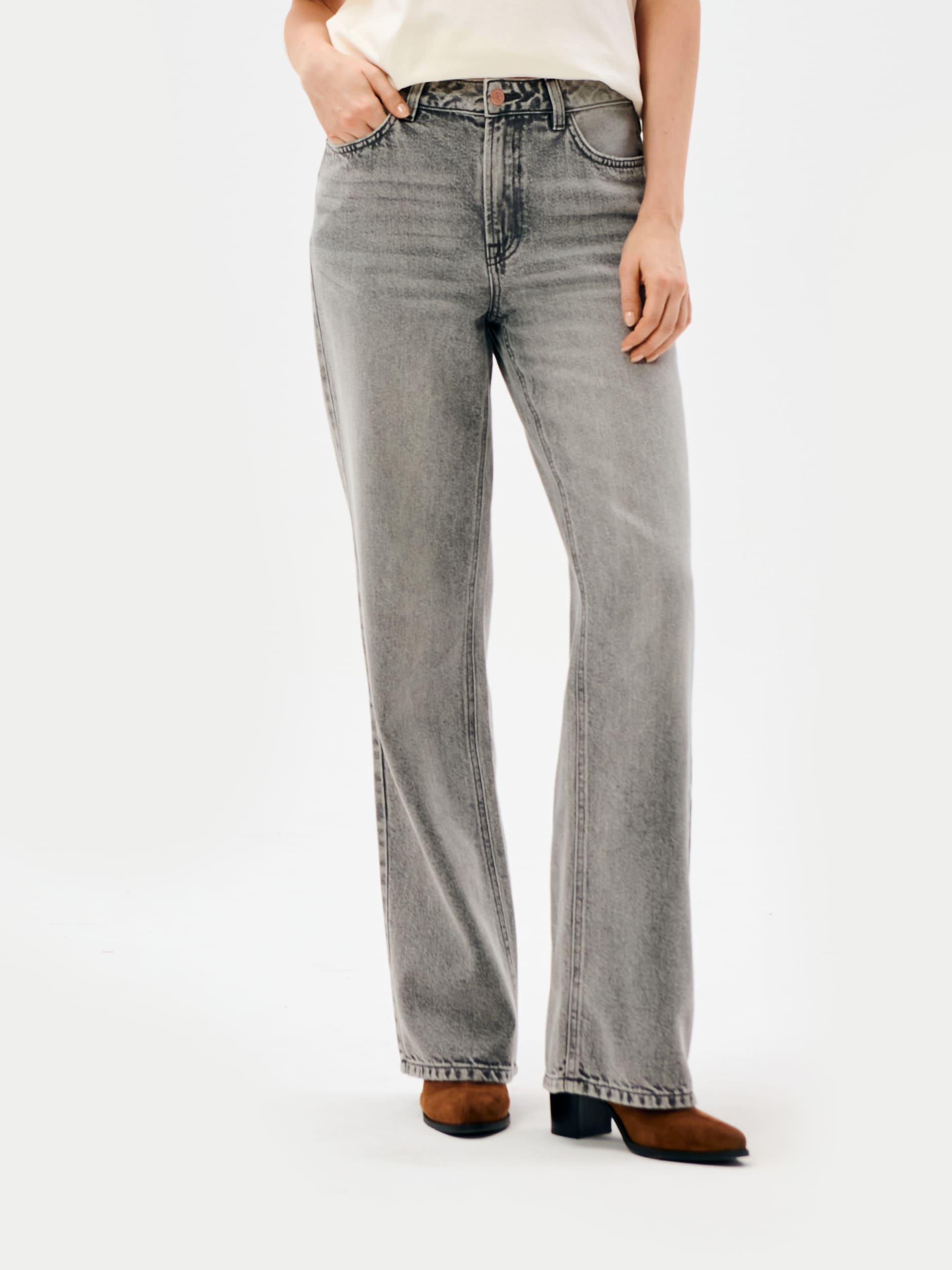 Sinsay - Jeansy wide leg high waist z efektem sprania - szary