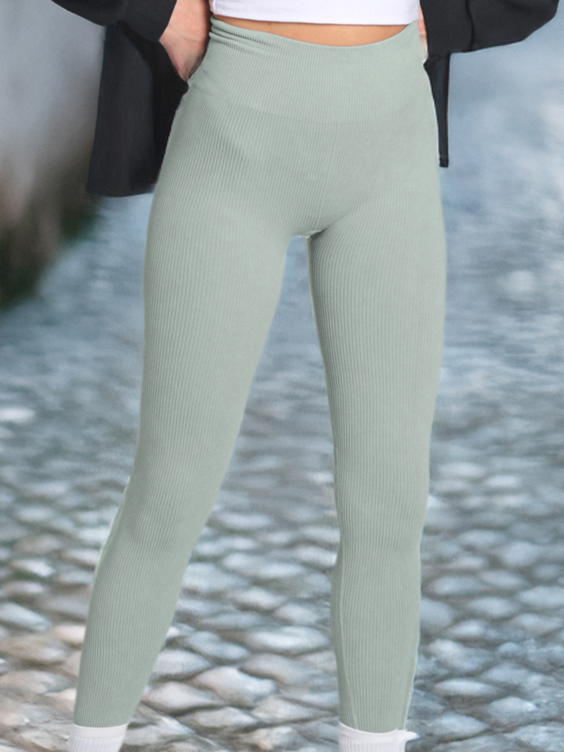 Sinsay - Legginsy high waist w prążek - zielony