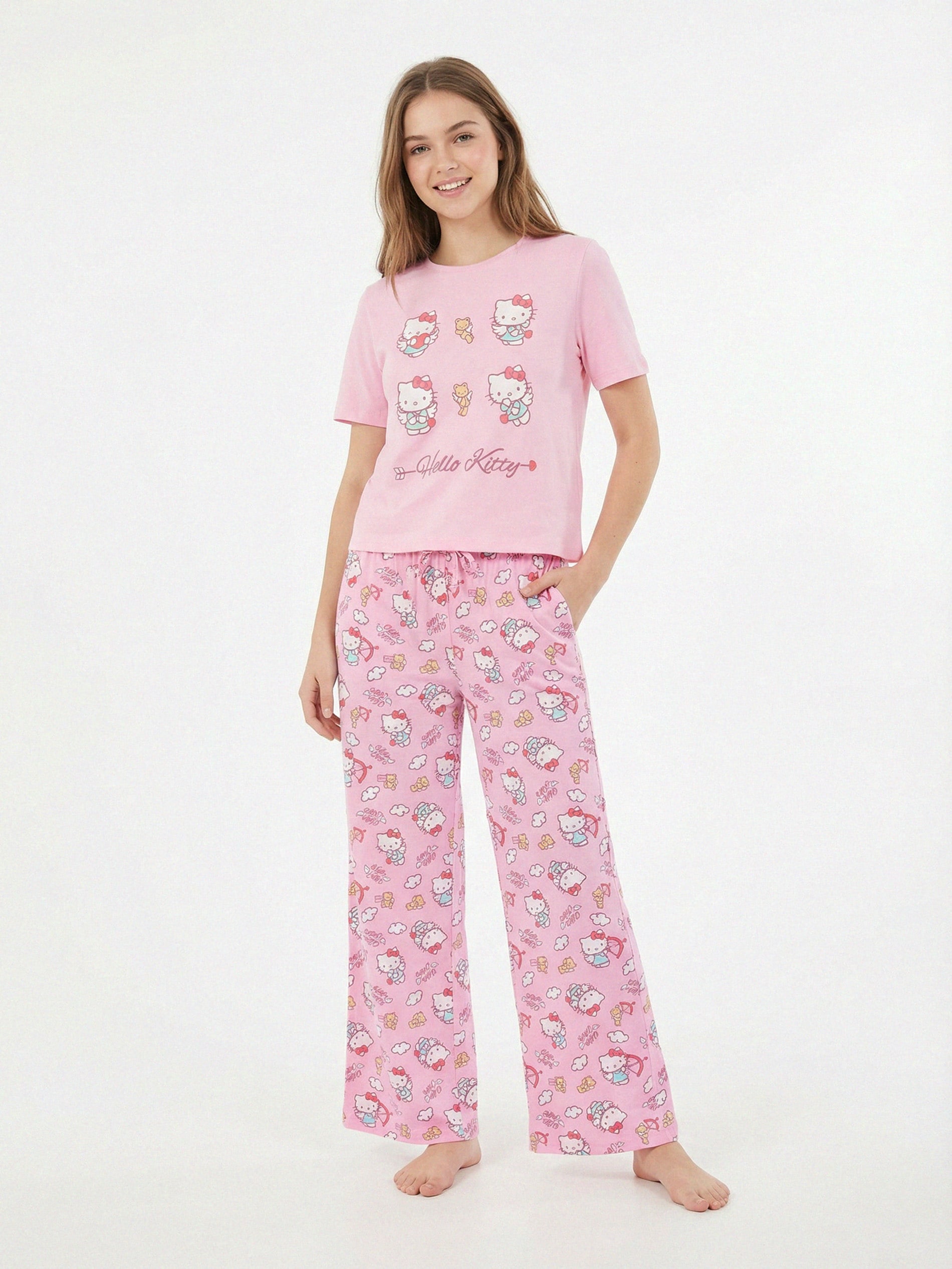 Sinsay - Bawełniana piżama dwuczęściowa z nadrukiem Hello Kitty - różowy