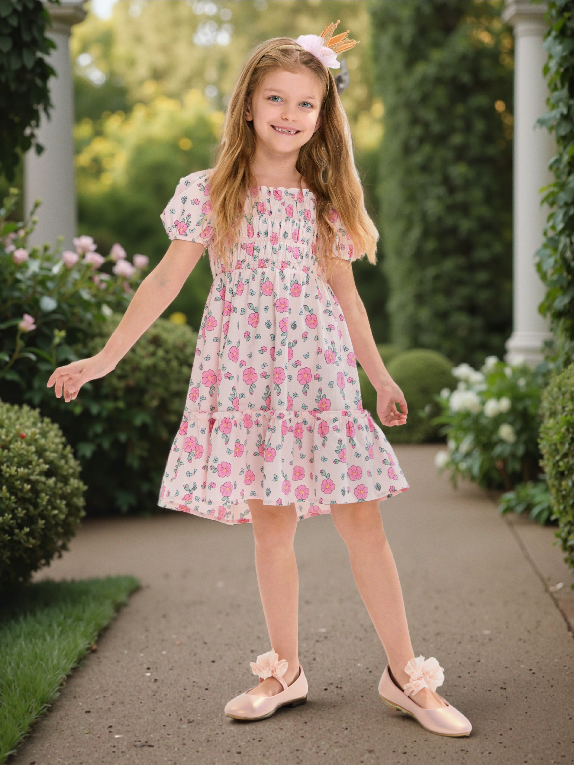 Sinsay - Sukienka lekko marszczona z bufiastymi rękawami - wielobarwny