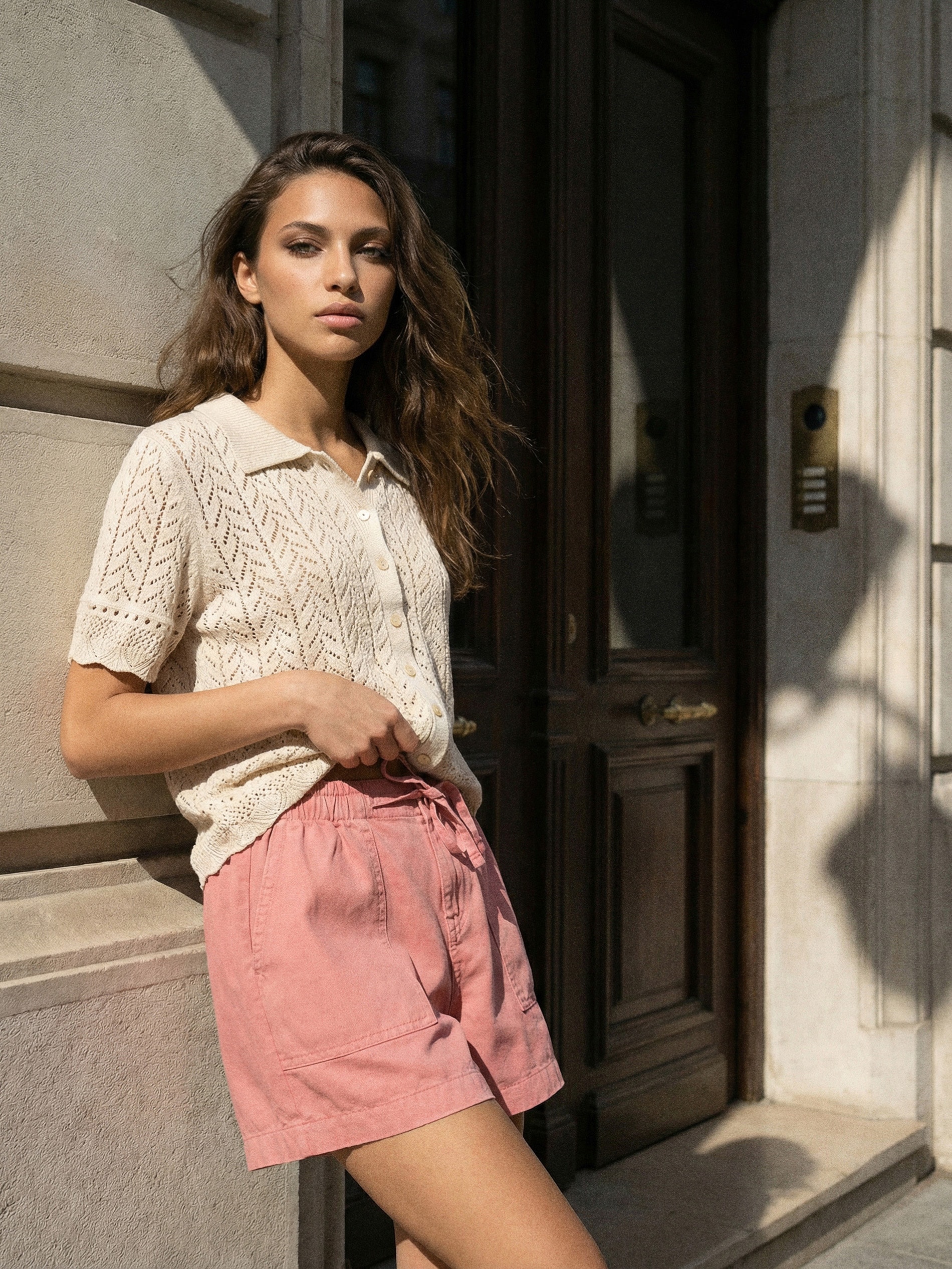 Sinsay - Szorty jeansowe high waist z gumką w pasie - różowy