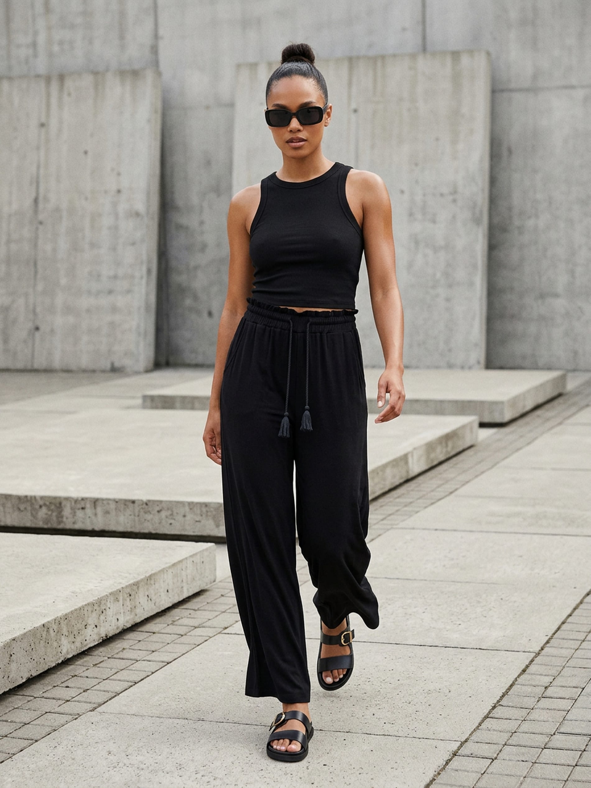 Sinsay - Wiskozowe spodnie wide leg z ozdobnym wiązaniem - czarny