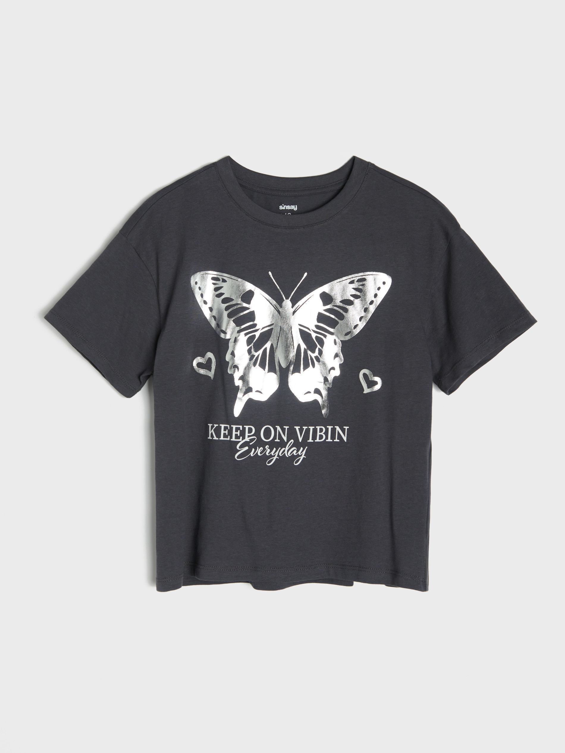 Sinsay - Bawełniana koszulka z połyskującym nadrukiem - szary