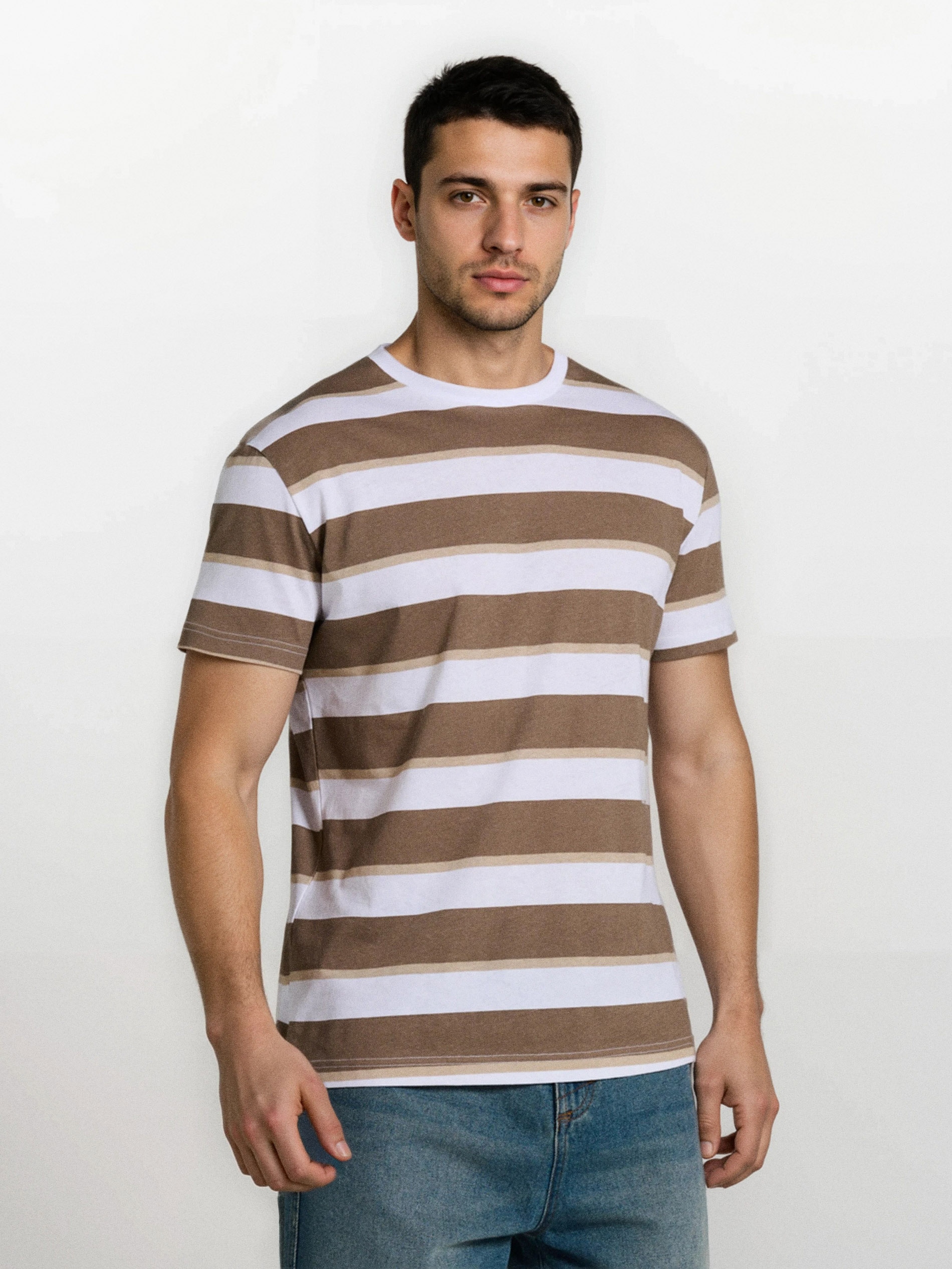 Sinsay - Bawełniana koszulka w paski - brązowy