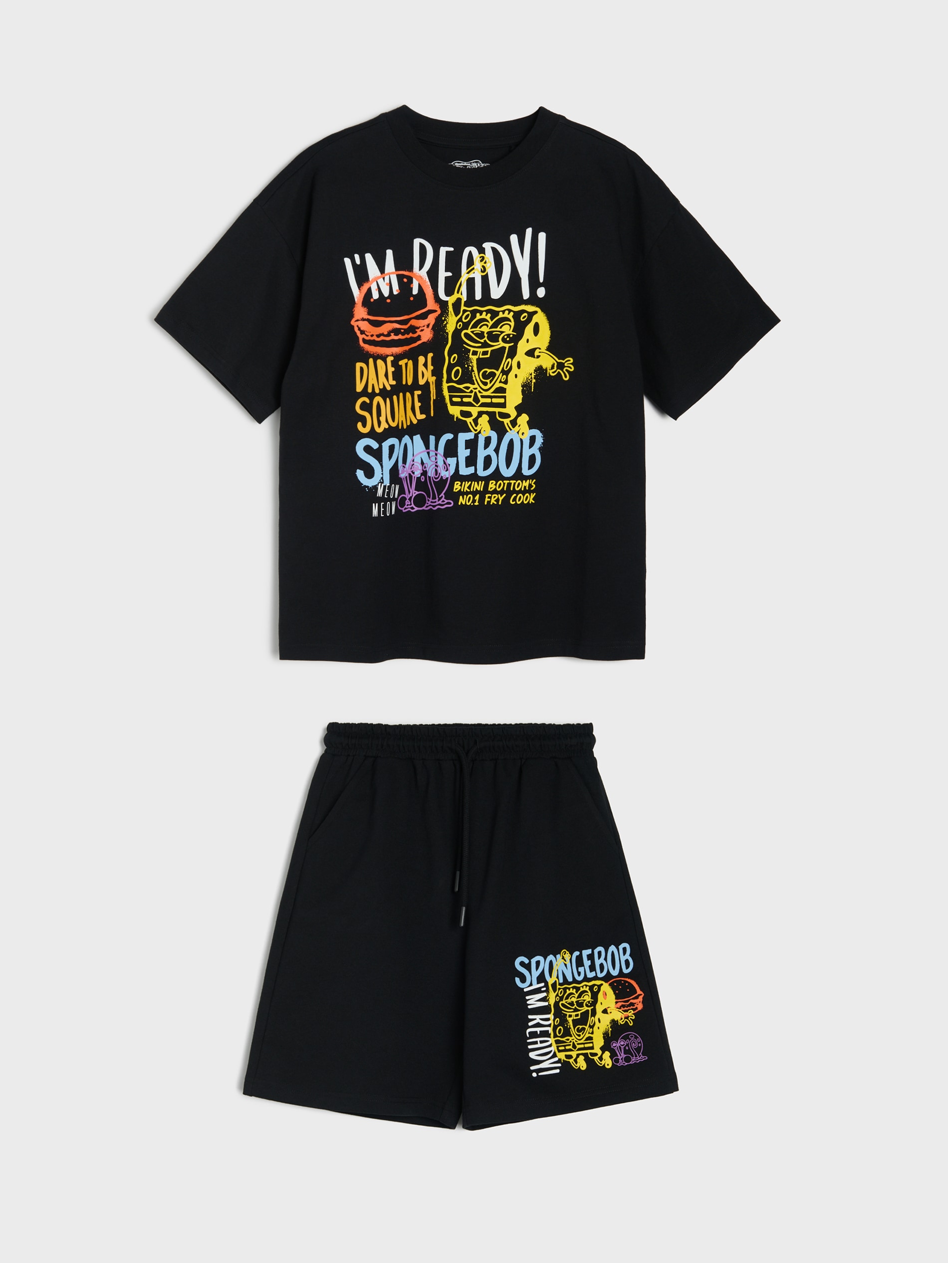 Sinsay - Bawełniany komplet: koszulka i szorty SpongeBob - czarny