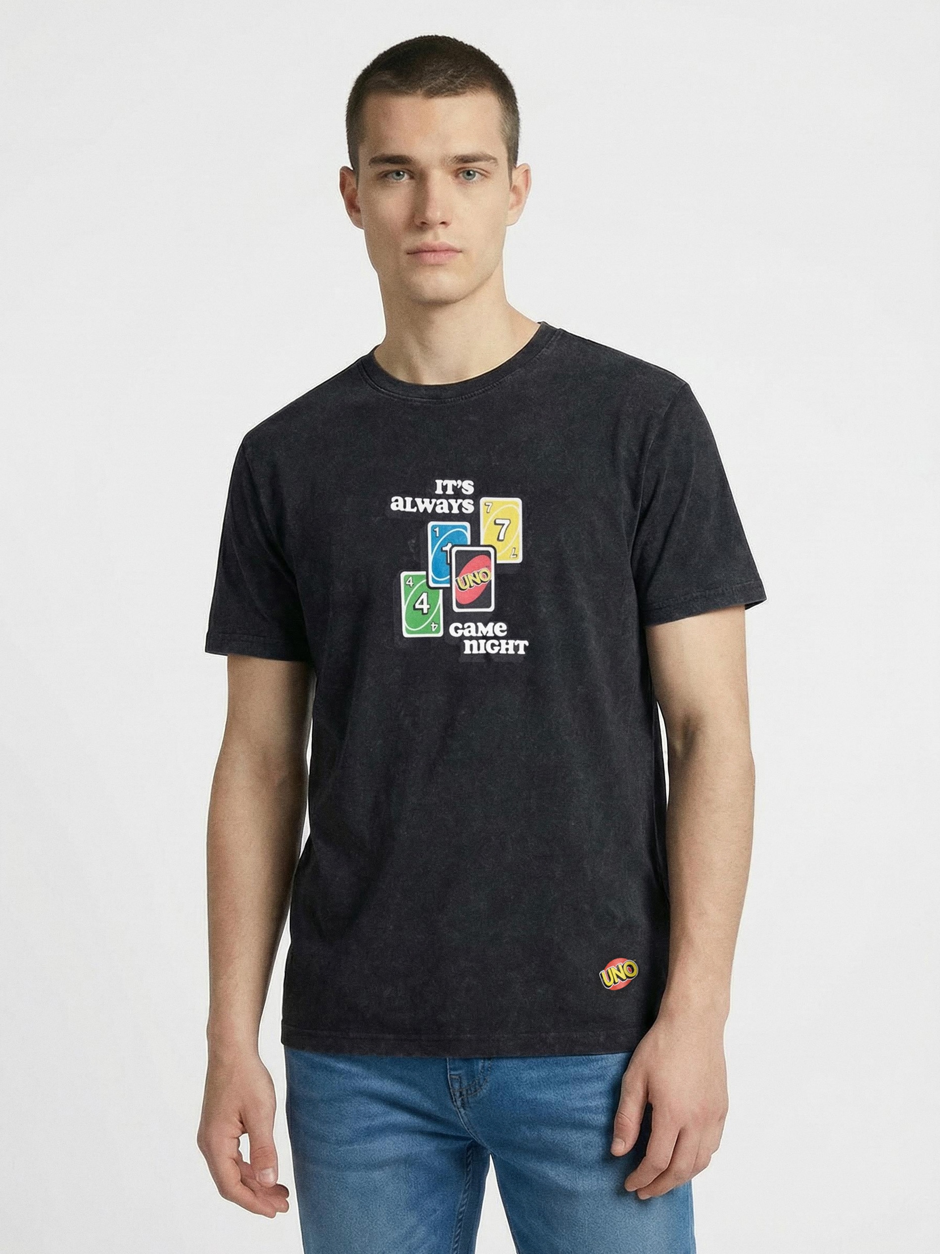 Sinsay - Bawełniana koszulka z efektem sprania UNO - czarny