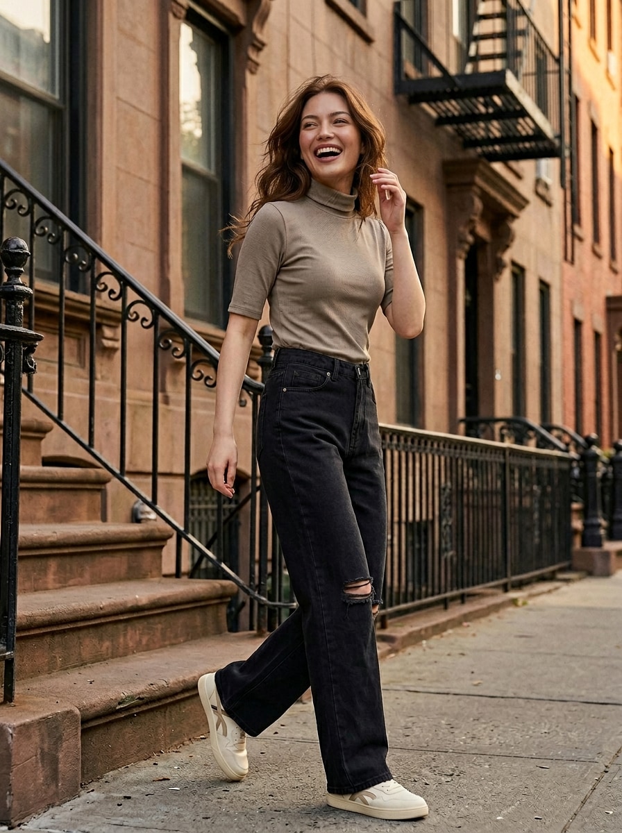 Sinsay - Prążkowana koszulka ze stójką - brązowy