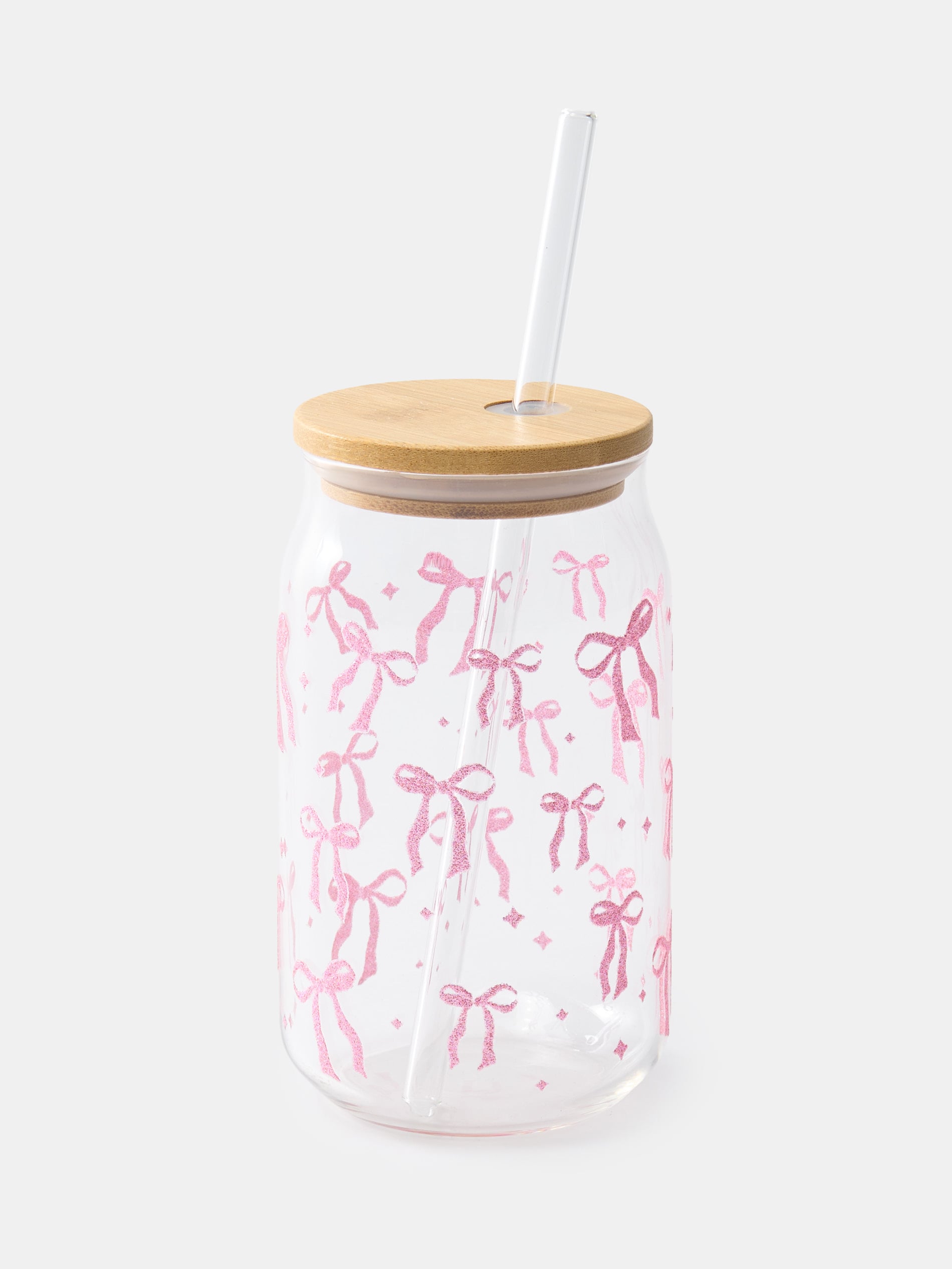 Sinsay - Γυάλινη κούπα με καλαμάκι και καπάκι από μπαμπού με φιογκάκια - ροζ φωτογραφία