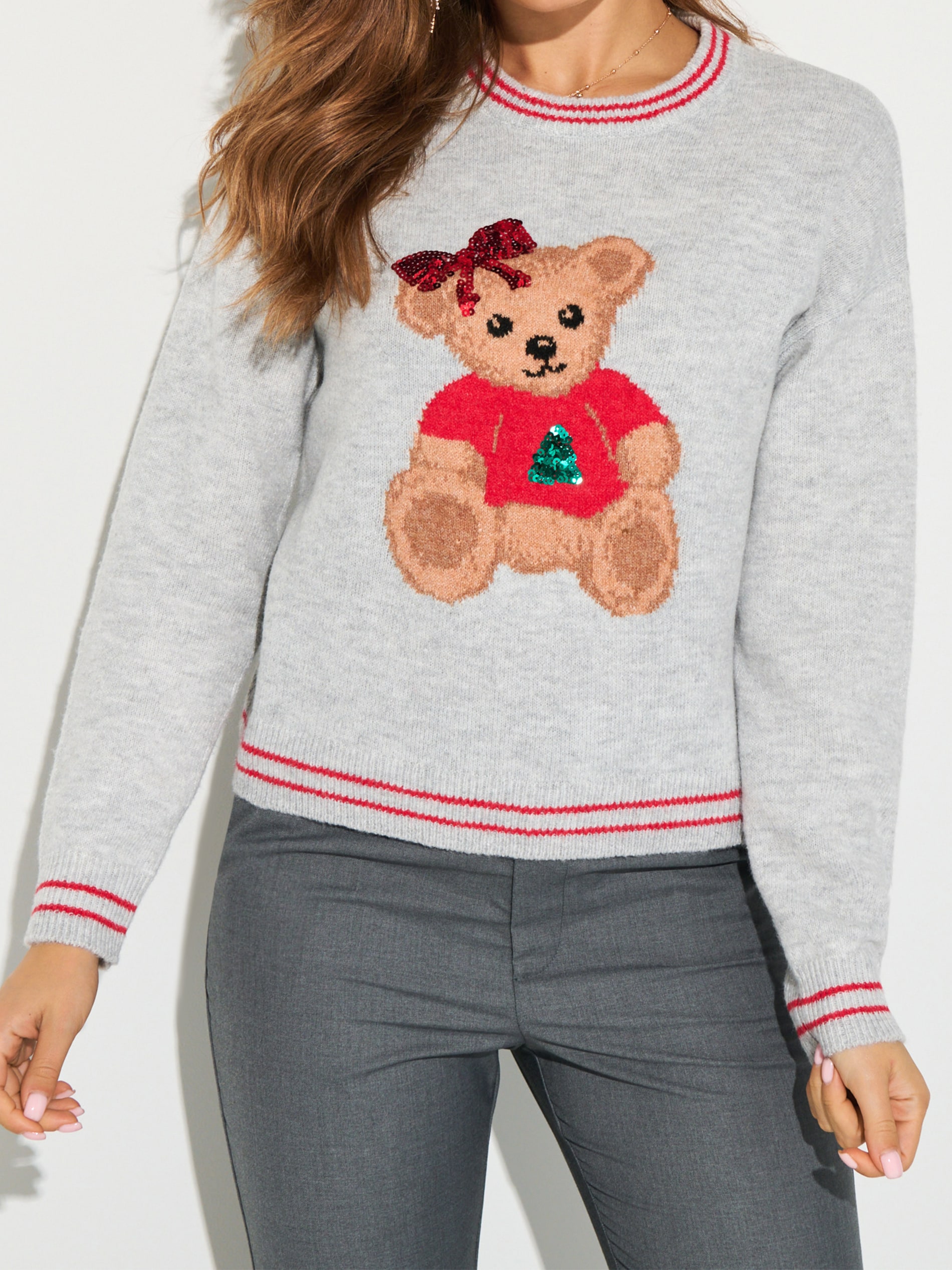 Sinsay - Πουλόβερ με χριστουγεννιάτικο σχέδιο, μείγμα μαλλιού - ανοιχτό γκρι φωτογραφία