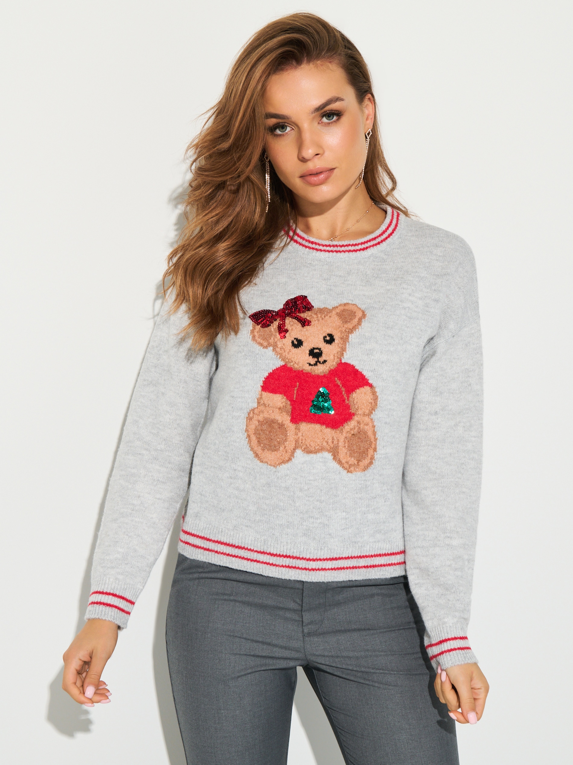 Sinsay - Πουλόβερ με χριστουγεννιάτικο σχέδιο, μείγμα μαλλιού - ανοιχτό γκρι φωτογραφία