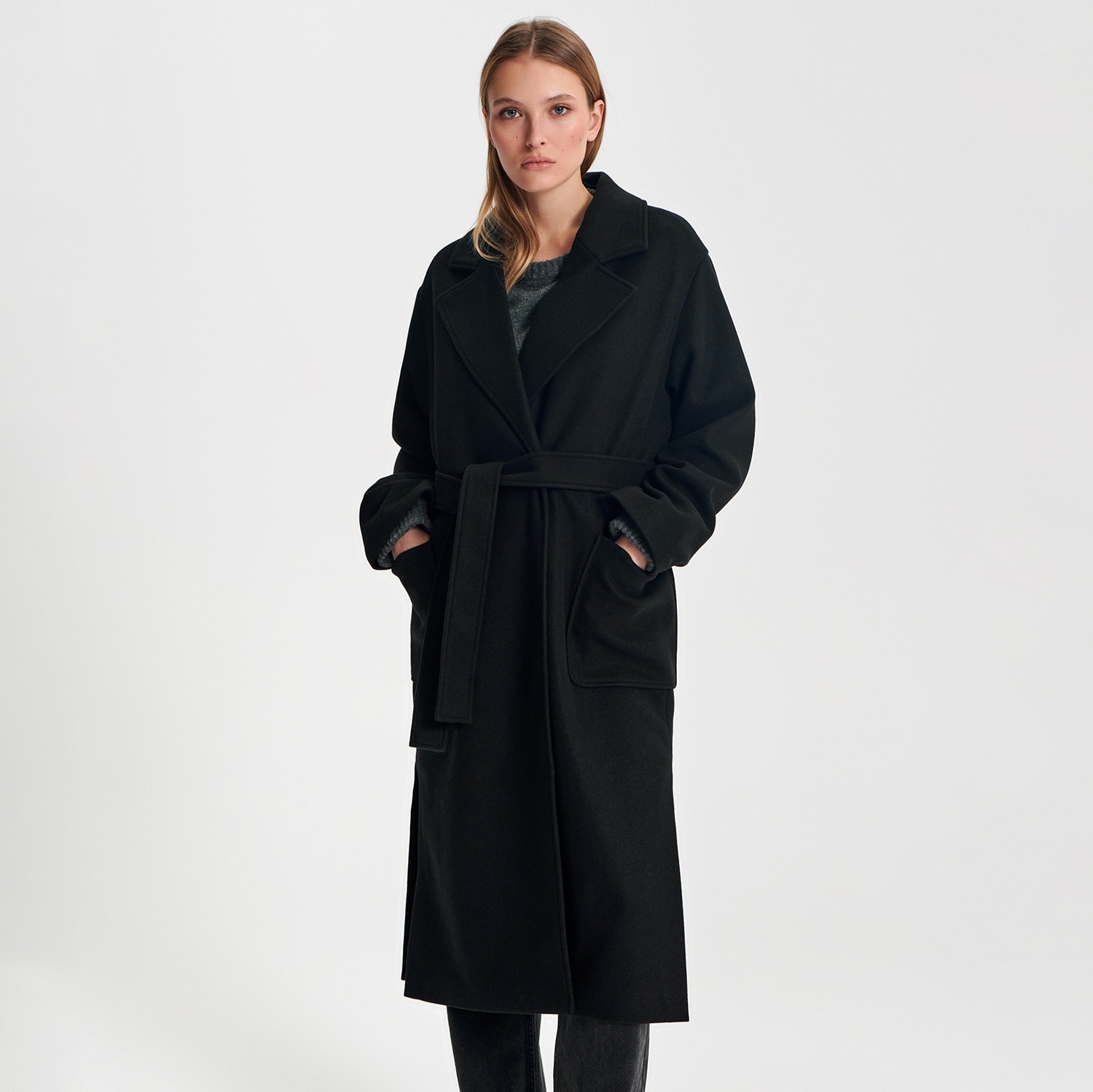 Levně Sinsay - Kabát s páskem k uvázání - Černý