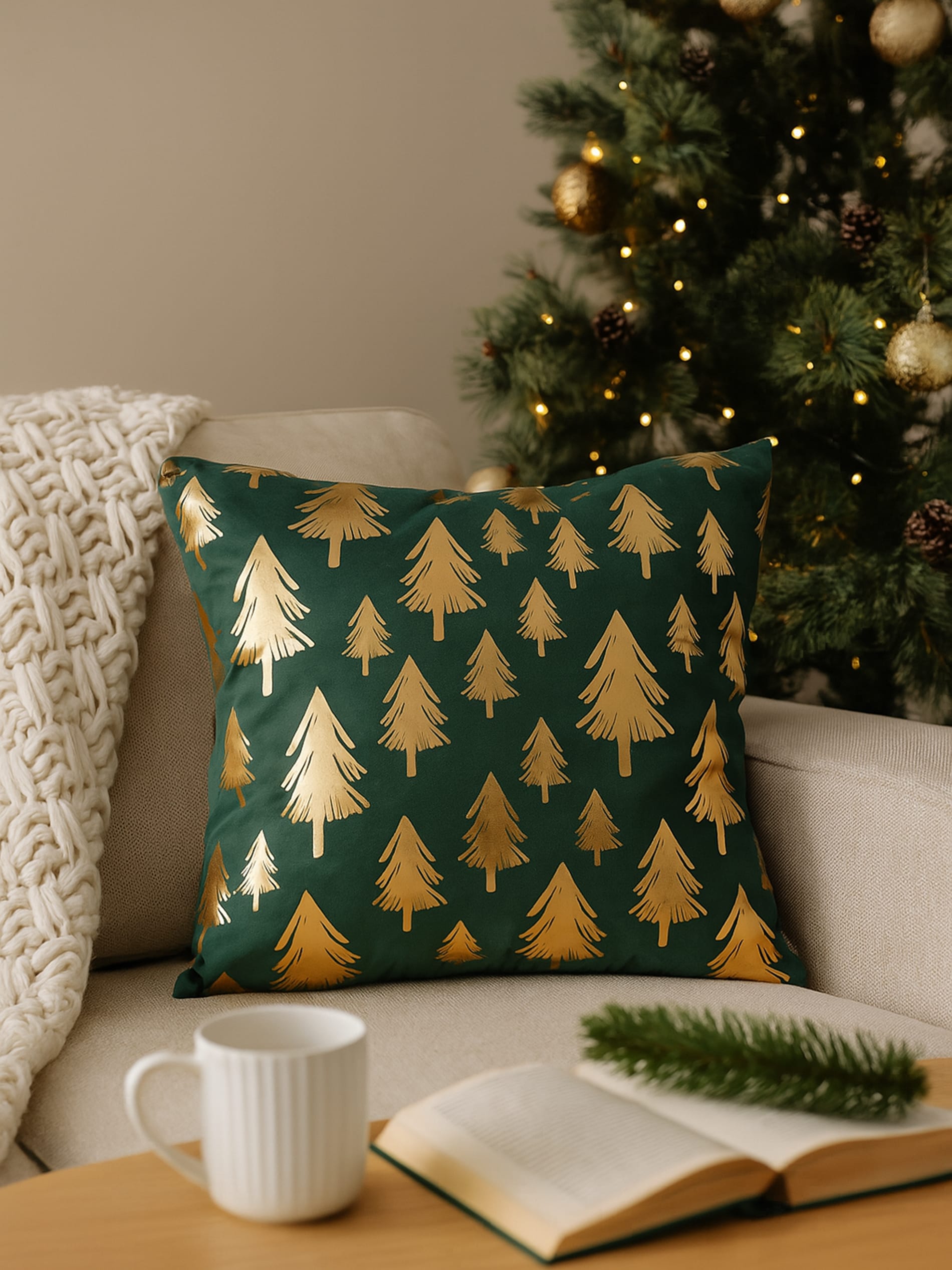 Sinsay - Διακοσμητικό μαξιλάρι Χριστουγέννων με σχέδιο χριστουγεννιάτικων δέντρων - καφετι πρασινο φωτογραφία