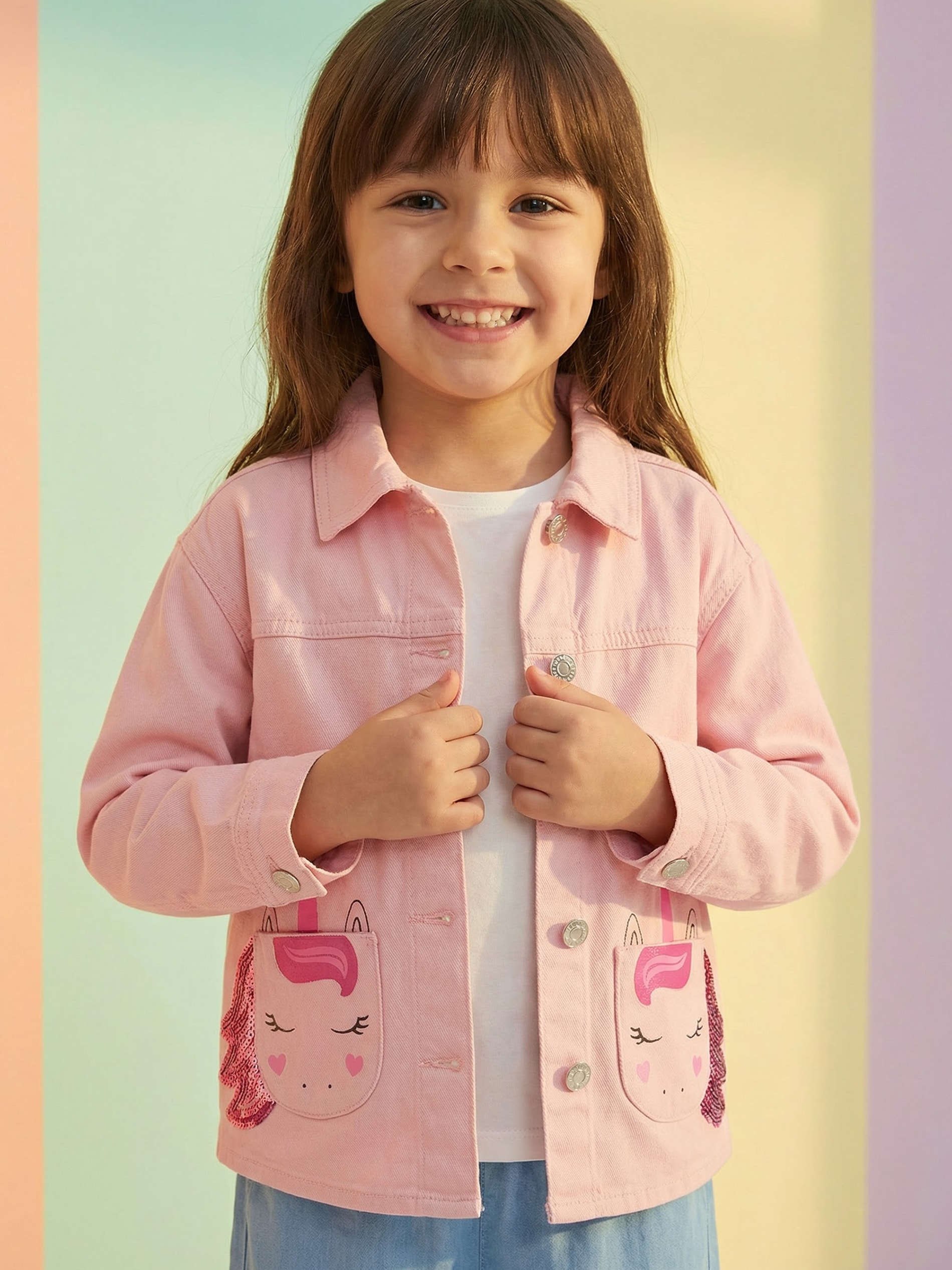 Sinsay - Jeansowa kurtka katana z motywem jednorożców - różowy