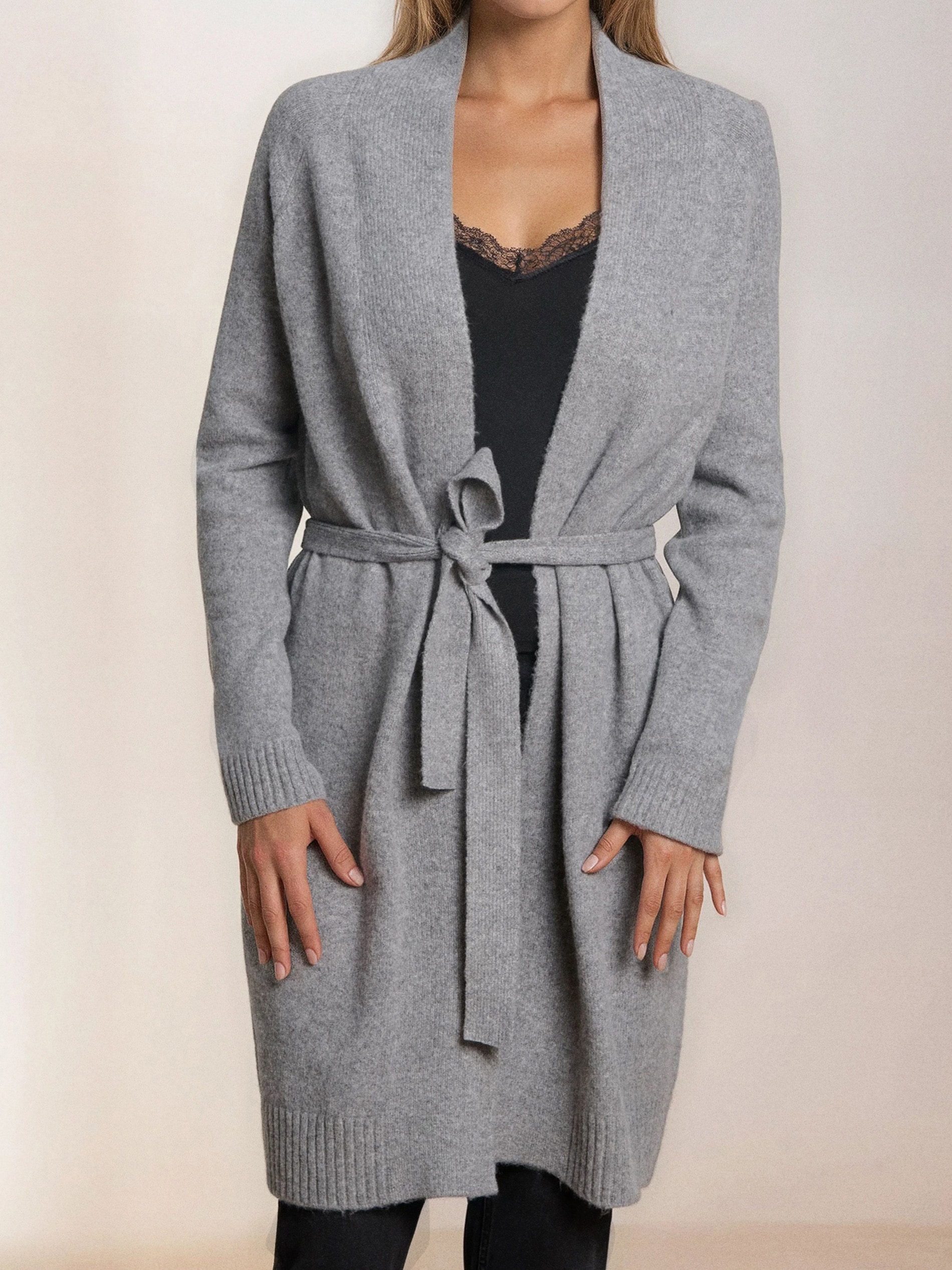 Sinsay - Długi kardigan z paskiem - szary