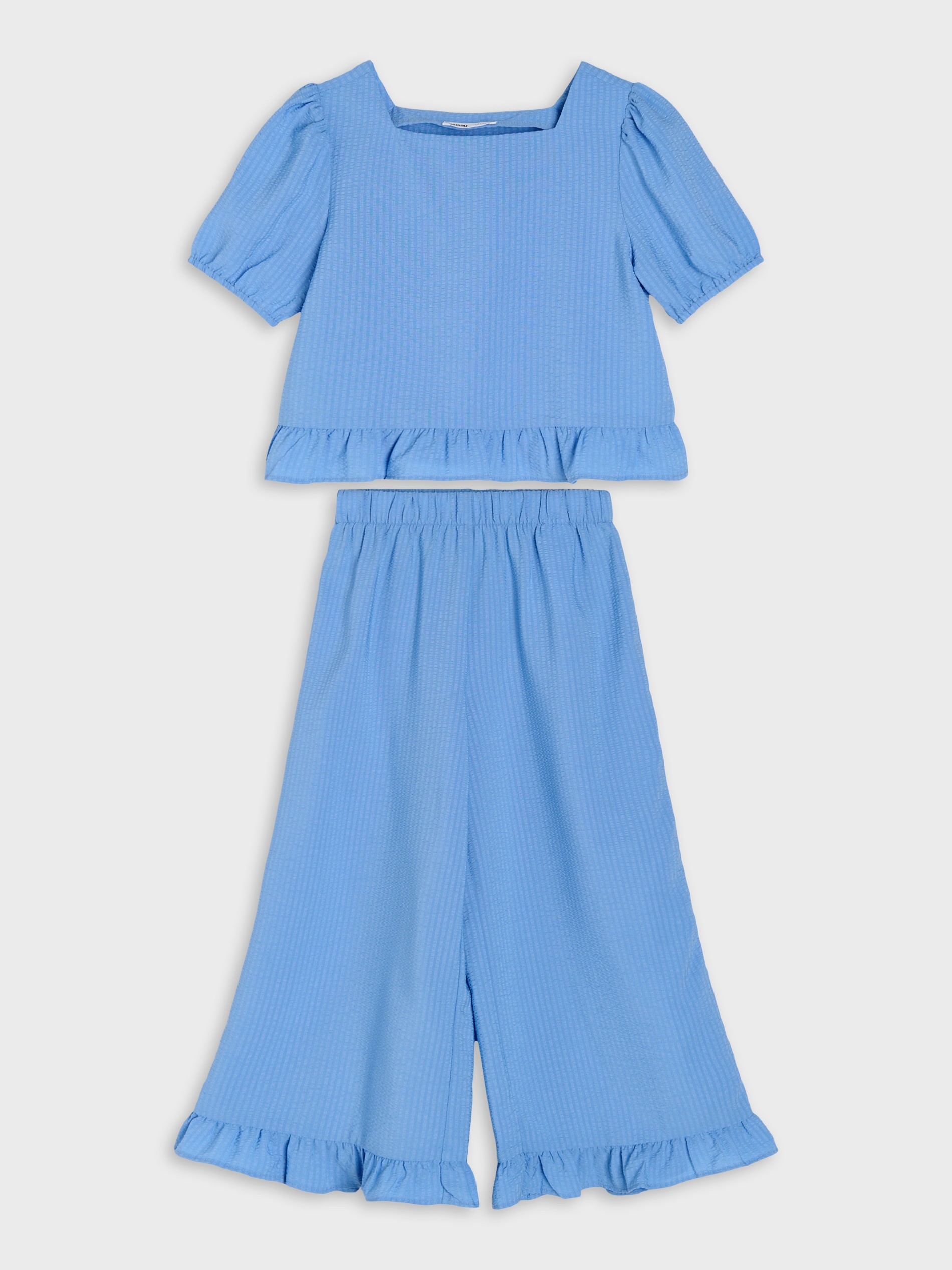 Sinsay - Komplet bluzka i spodnie z falbankami - niebieski