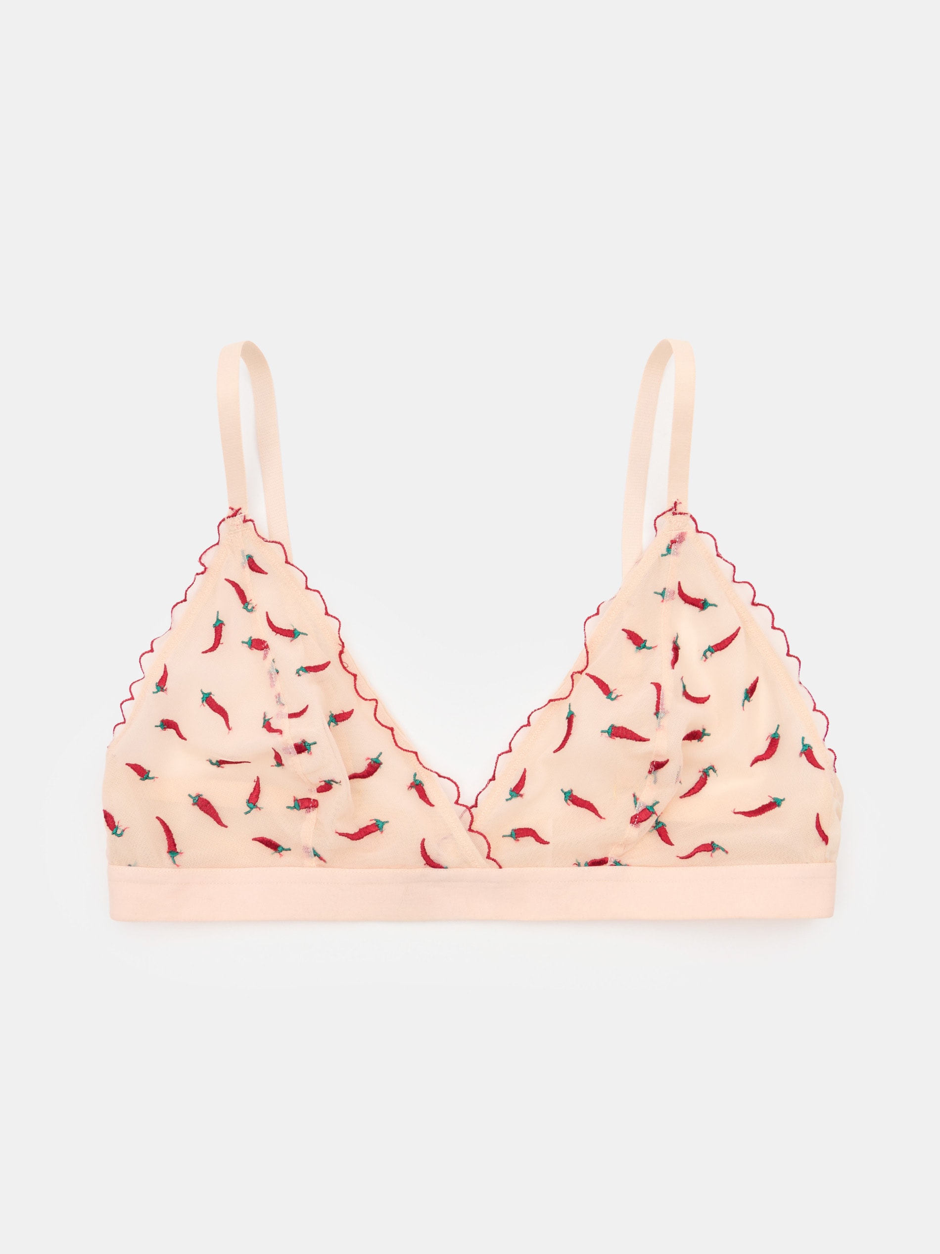 Sinsay - Biustonosz z haftem w papryczki na delikatnej siateczce z koronkowym wykończeniem - kremowy