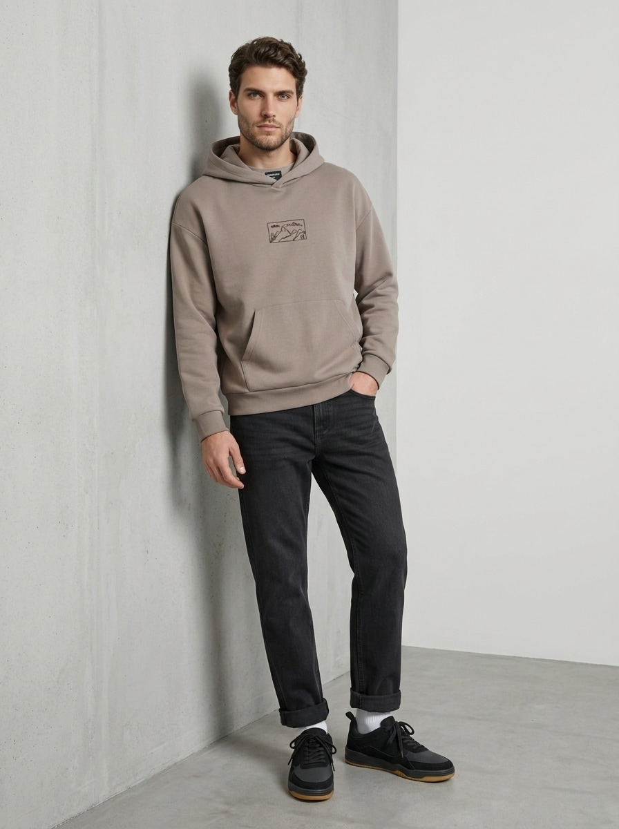 Sinsay - Bluza hoodie comfort z haftem - beżowy
