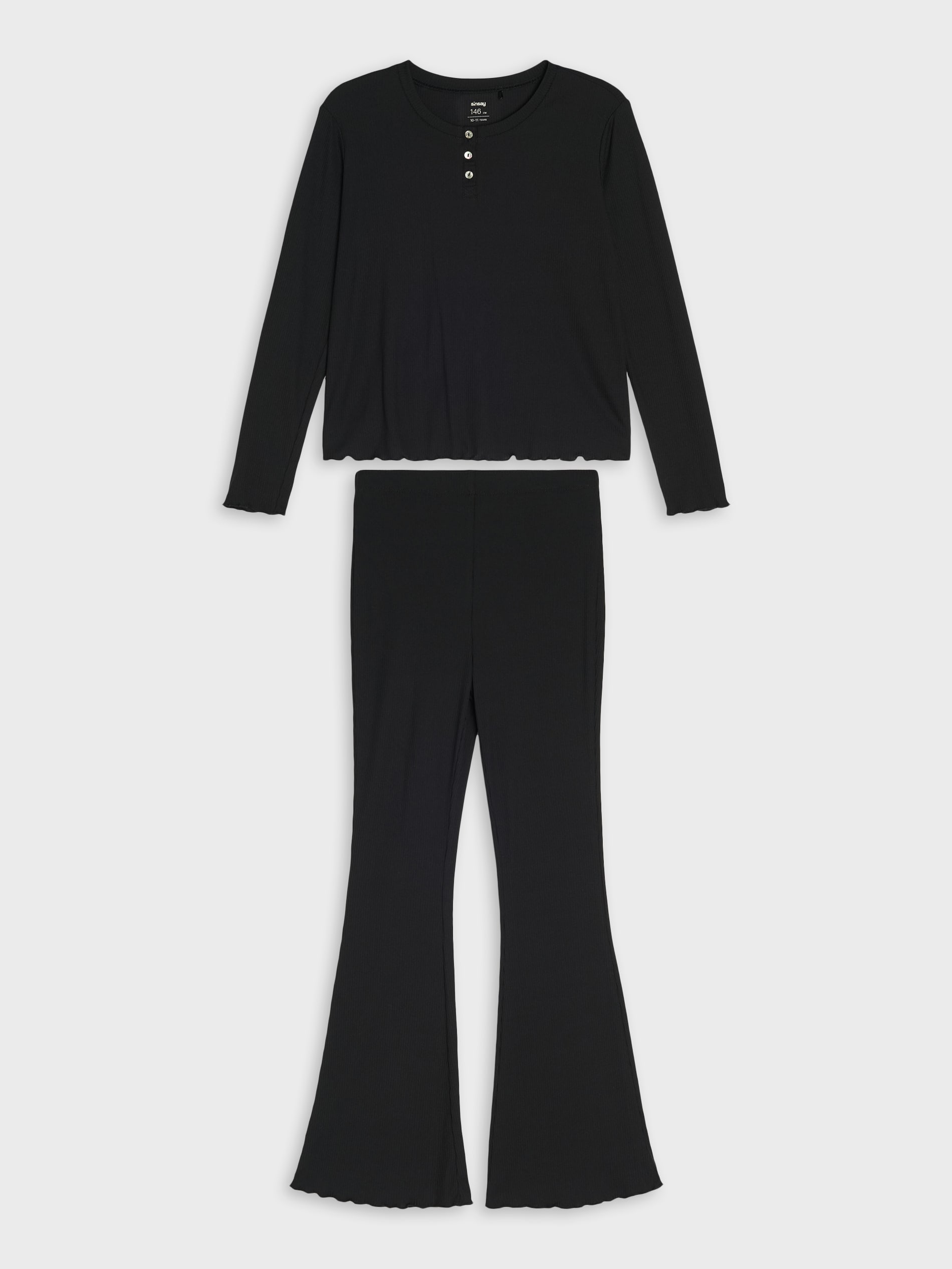 Sinsay - Prążkowana piżama dwuczęściowa z rozszerzanymi nogawkami - czarny