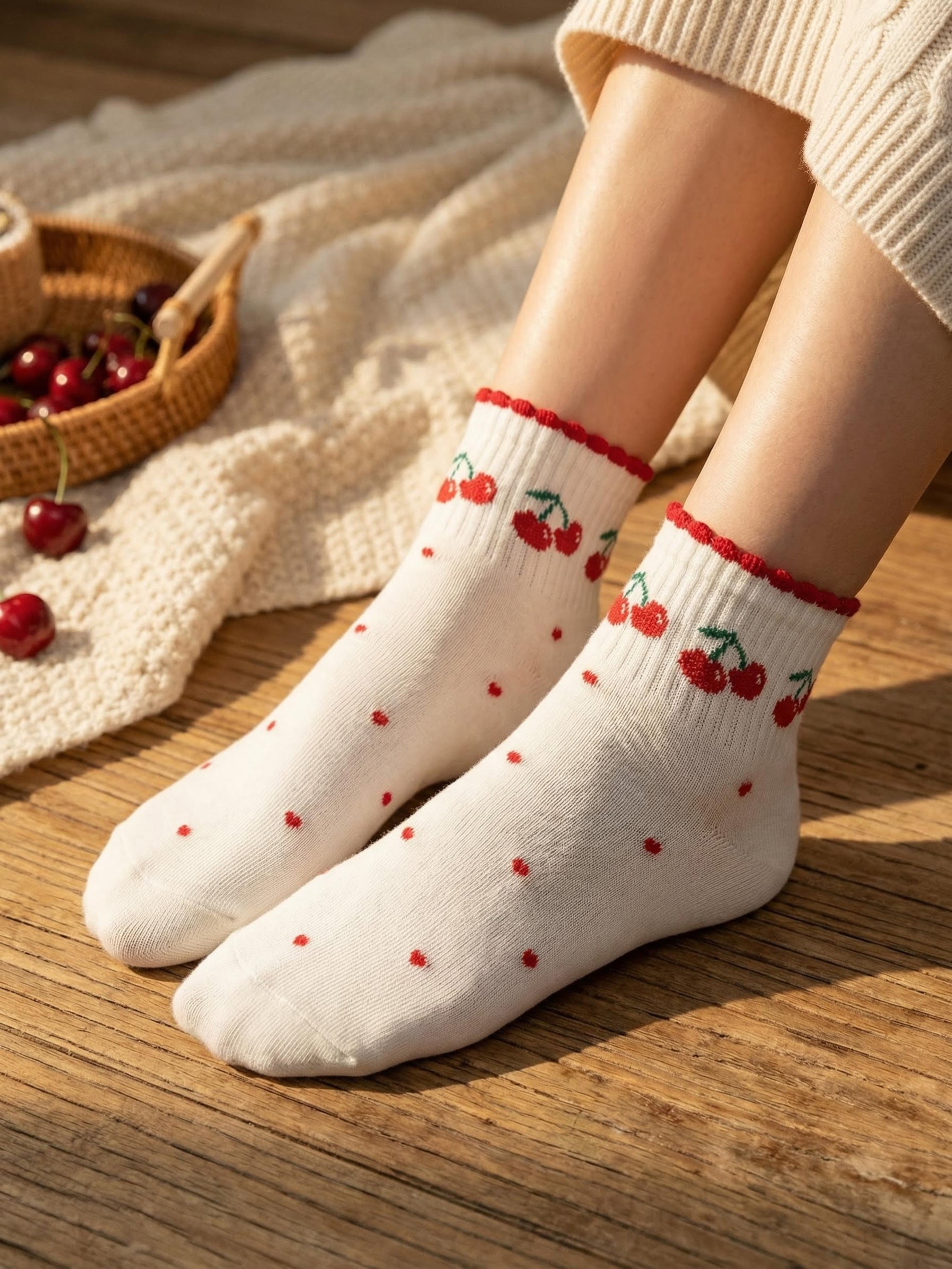 Sinsay - Wysokie skarpetki z motywem wiśni 4 pack - kremowy