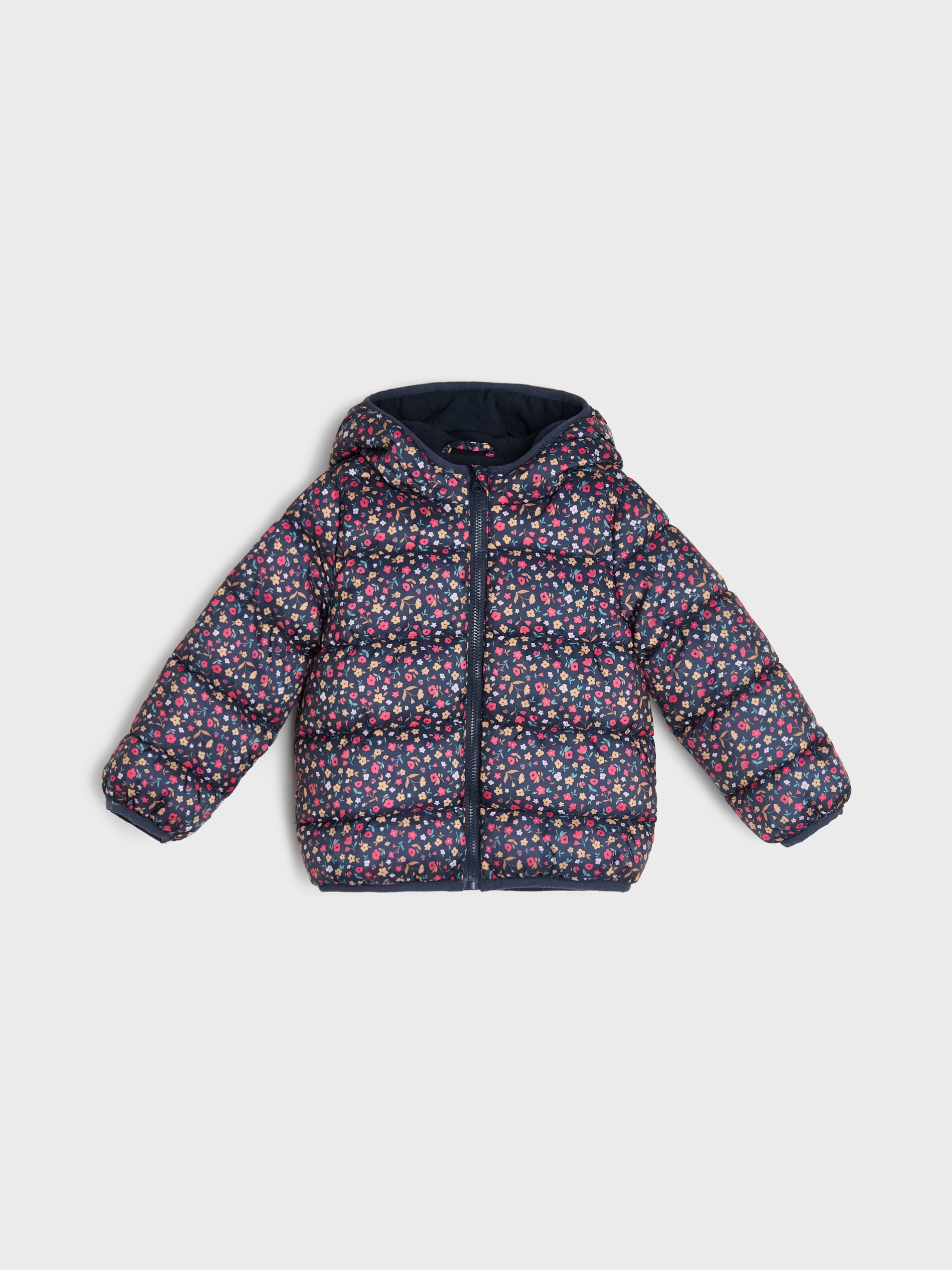 Sinsay - Pikowana kurtka puffer z kapturem z motywem kwiatowym - granatowy