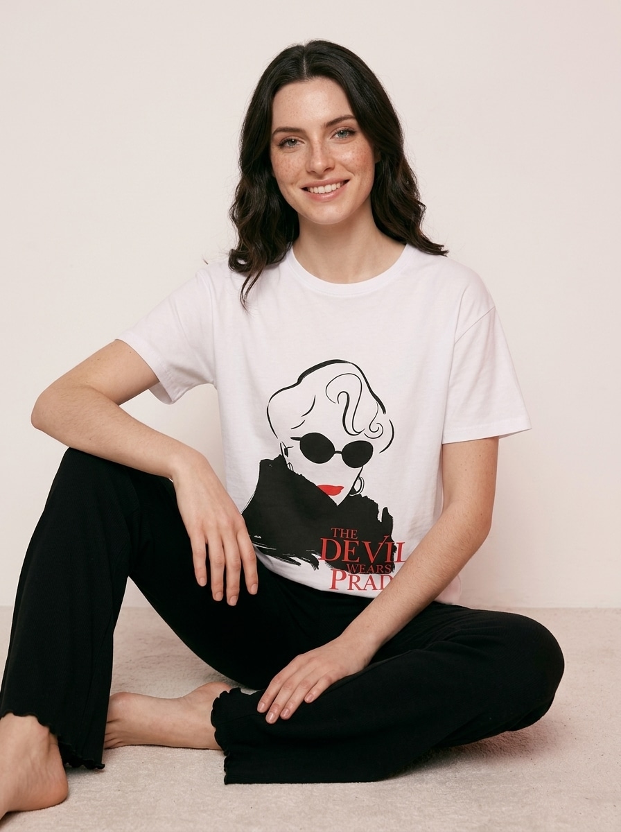 Sinsay - Bawełniana piżama dwuczęściowa z nadrukiem The Devil Wears Prada - biały
