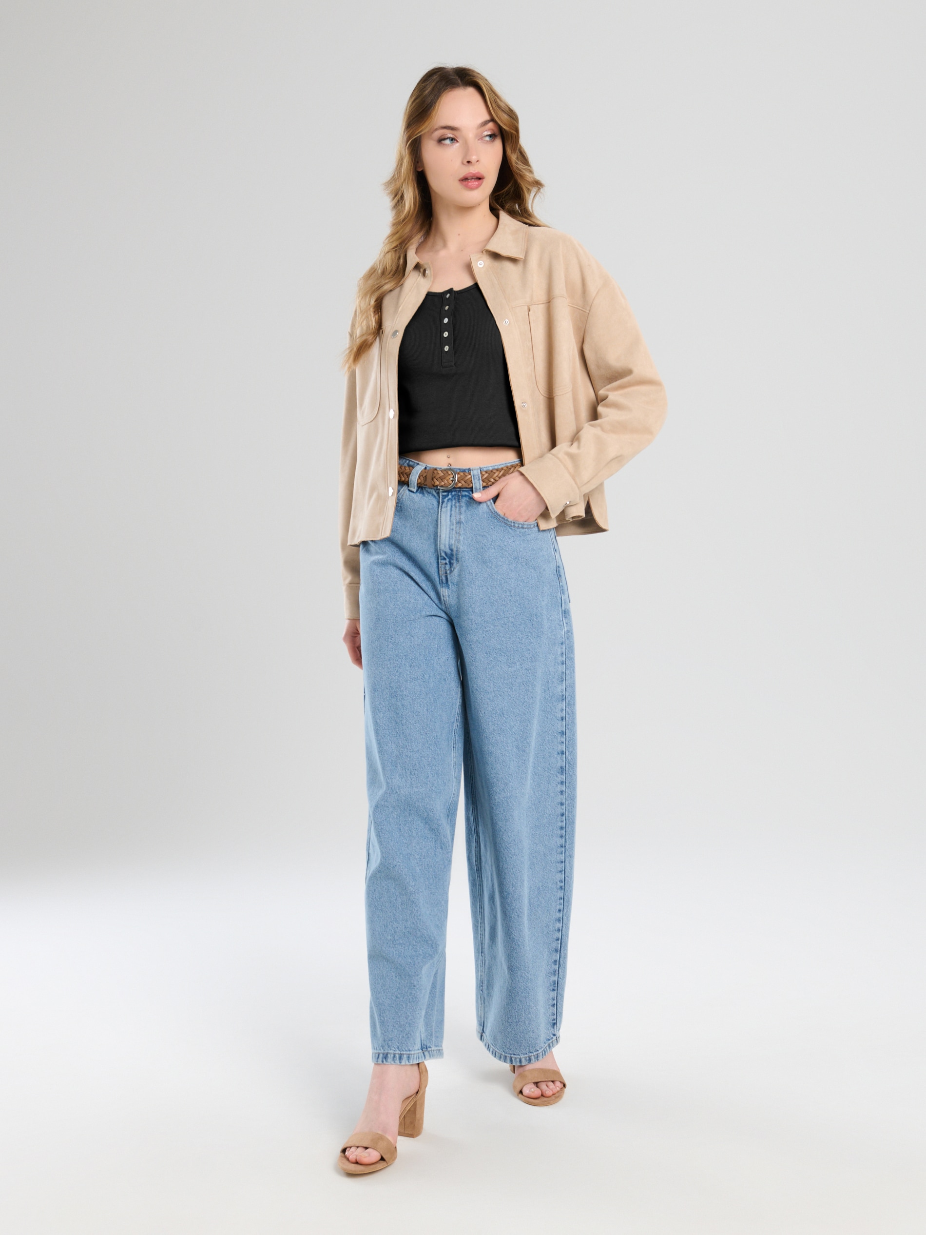 Sinsay - Prążkowana koszulka z guzikami - czarny