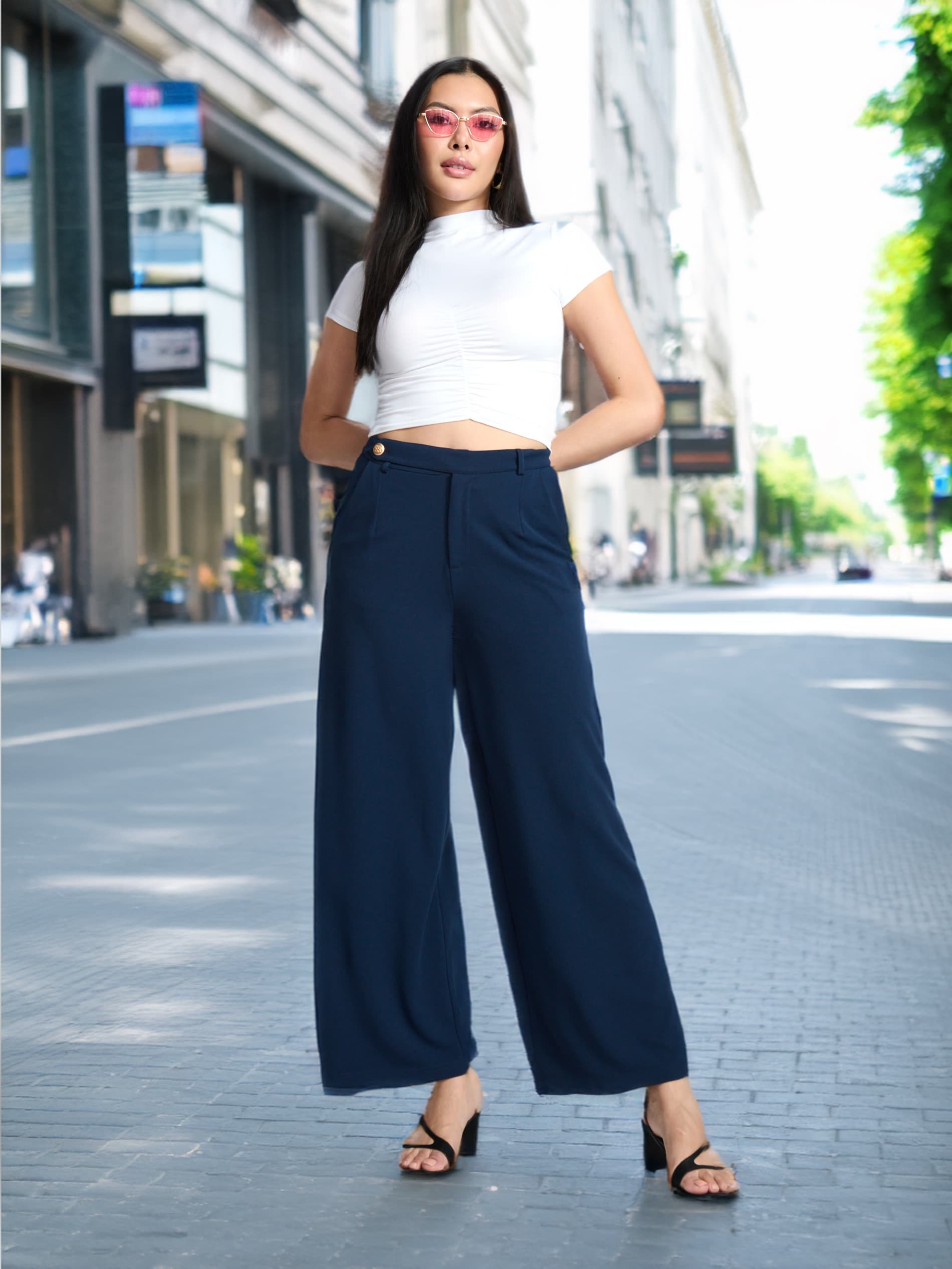 Sinsay - Pantaloni Wide Leg - Bleumarin