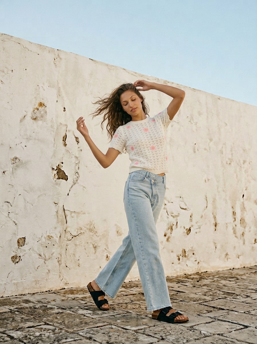 Sinsay - Ażurowy sweter z krótkim rękawem i haftowanymi kwiatami - kremowy