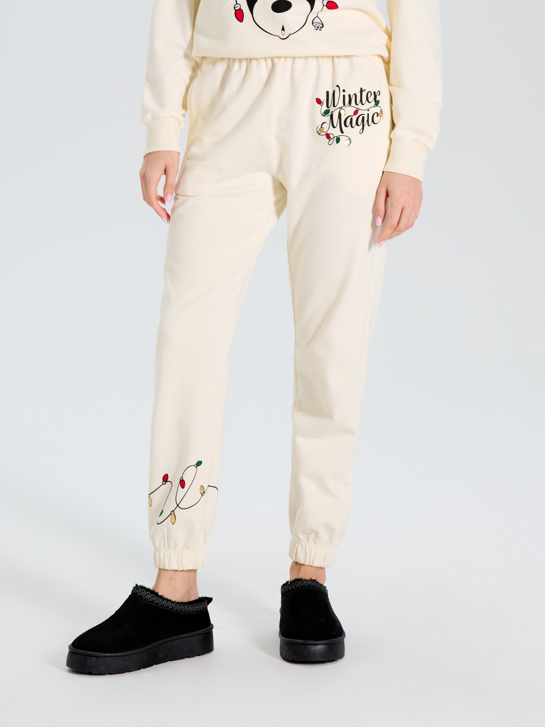 Sinsay - Spodnie dresowe Myszka Miki - kremowy