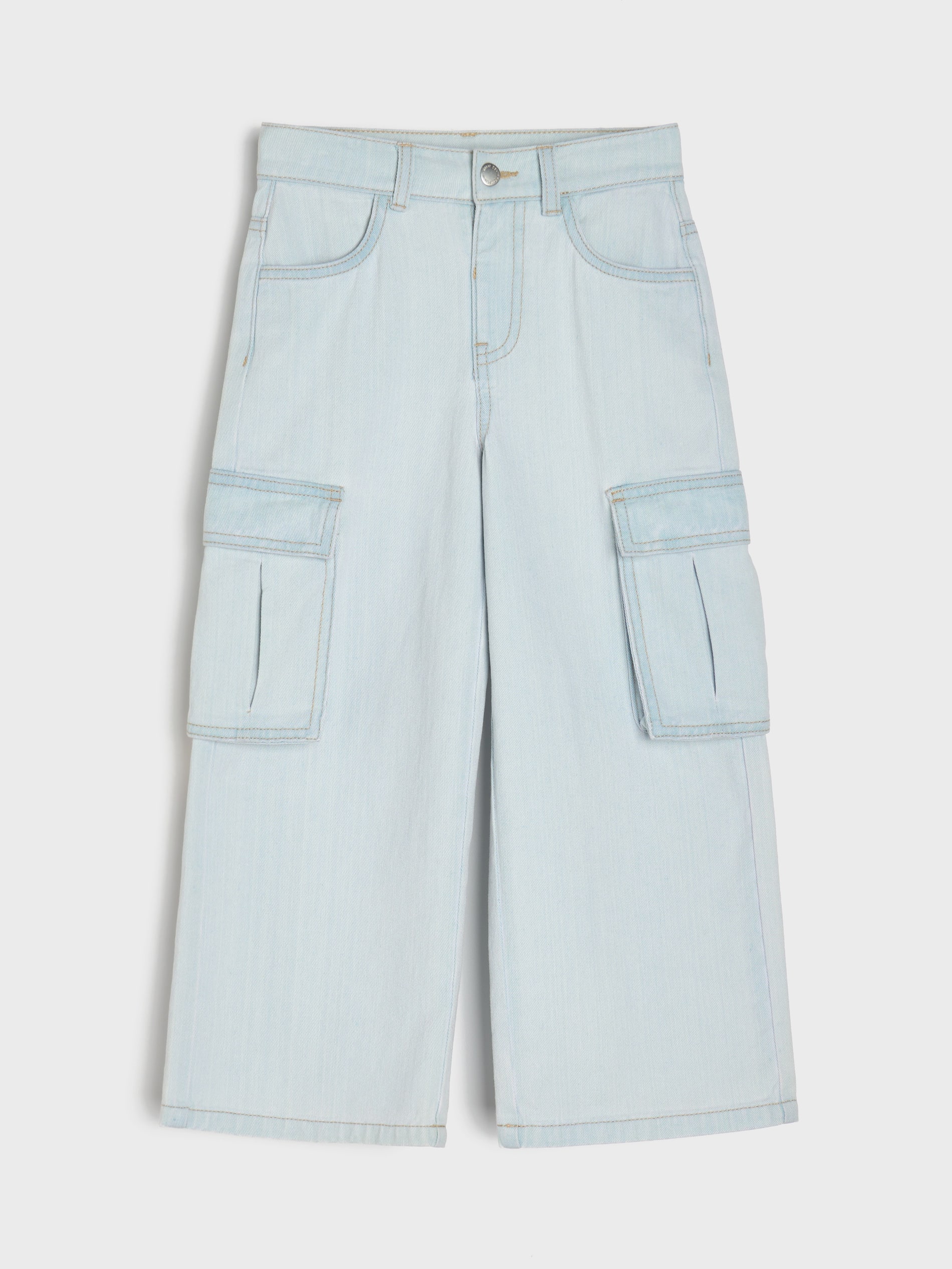 Sinsay - Jeansy cargo wide leg z efektem sprania - niebieski