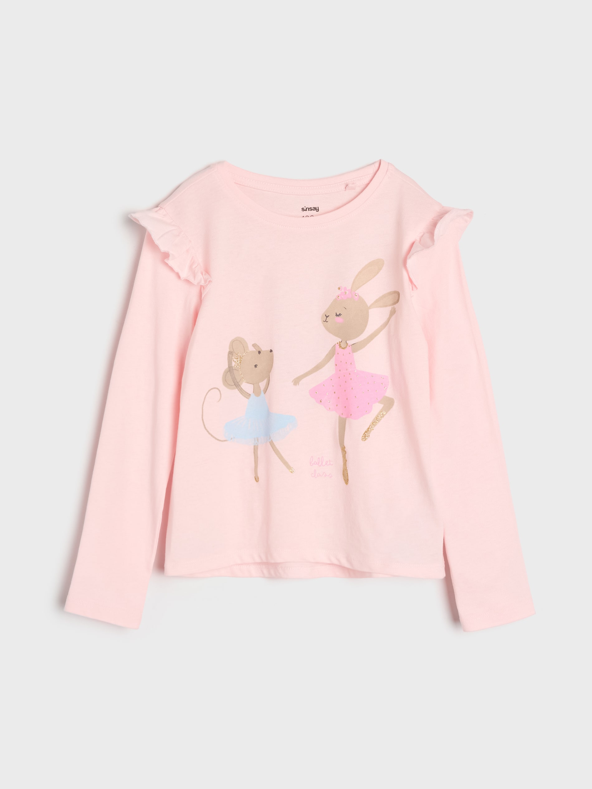 Sinsay - Bawełniana koszulka z nadrukiem i ozdobnymi falbanami - kremowy