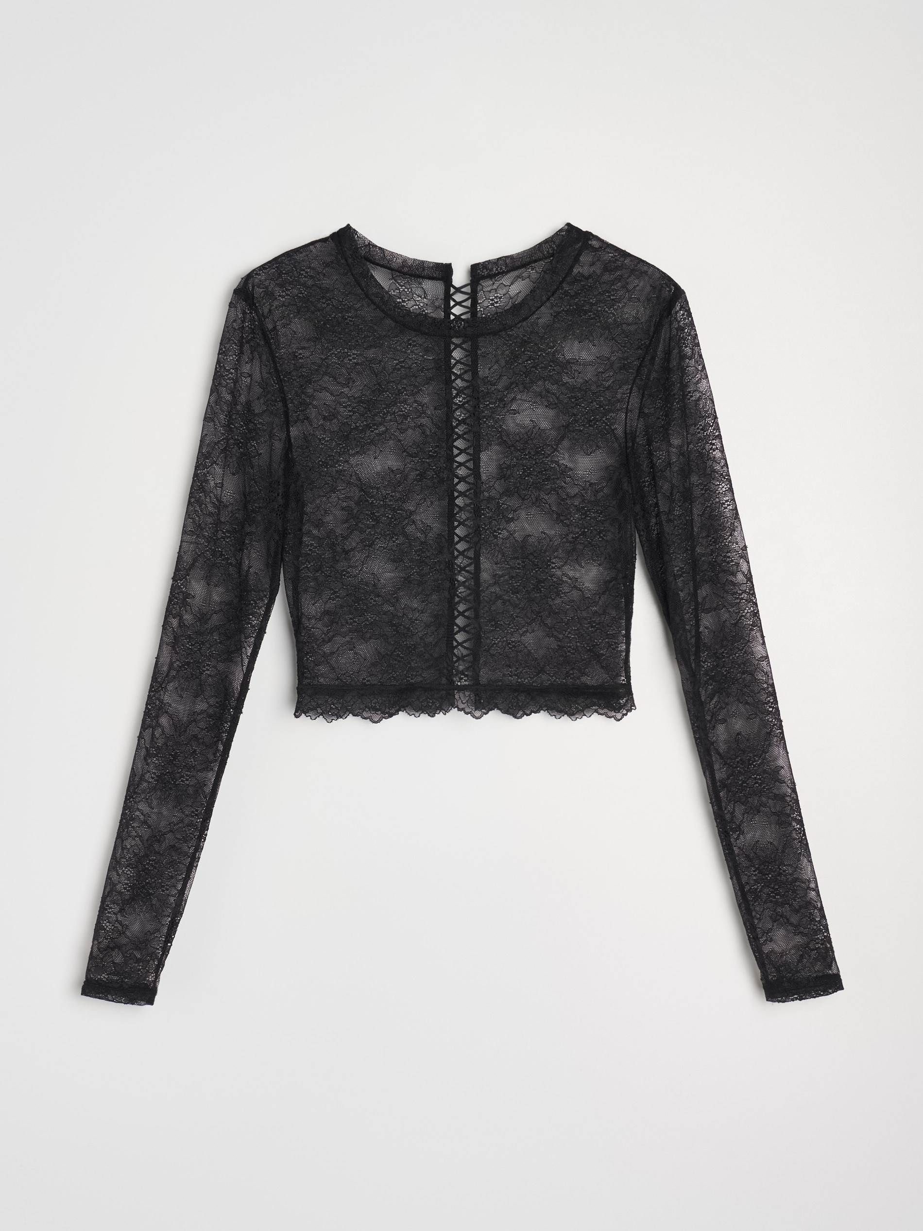 Sinsay - Koronkowy elastyczny crop top z długim rękawem - czarny