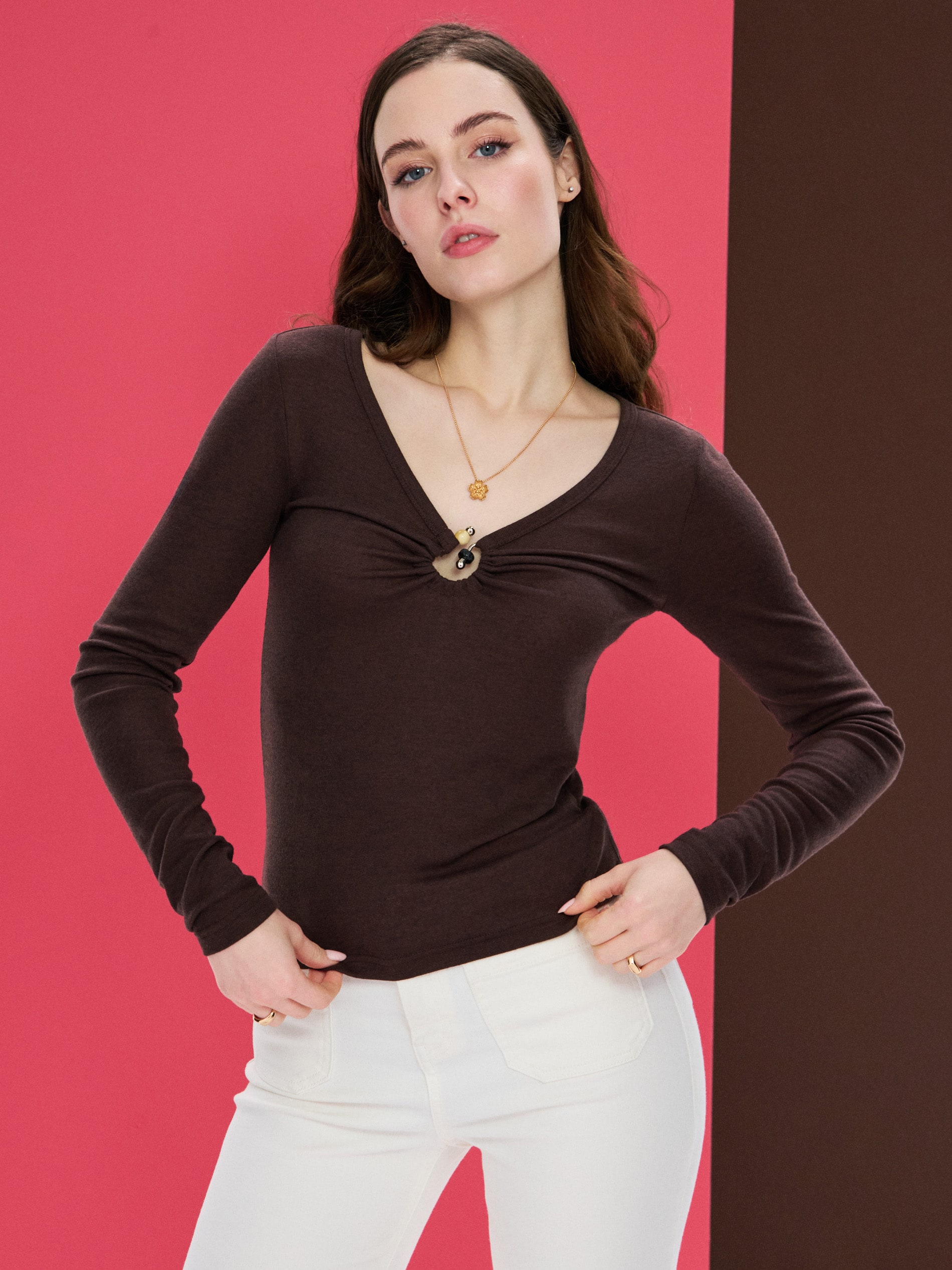 Sinsay - Bluzka z domieszką wiskozy - brązowy