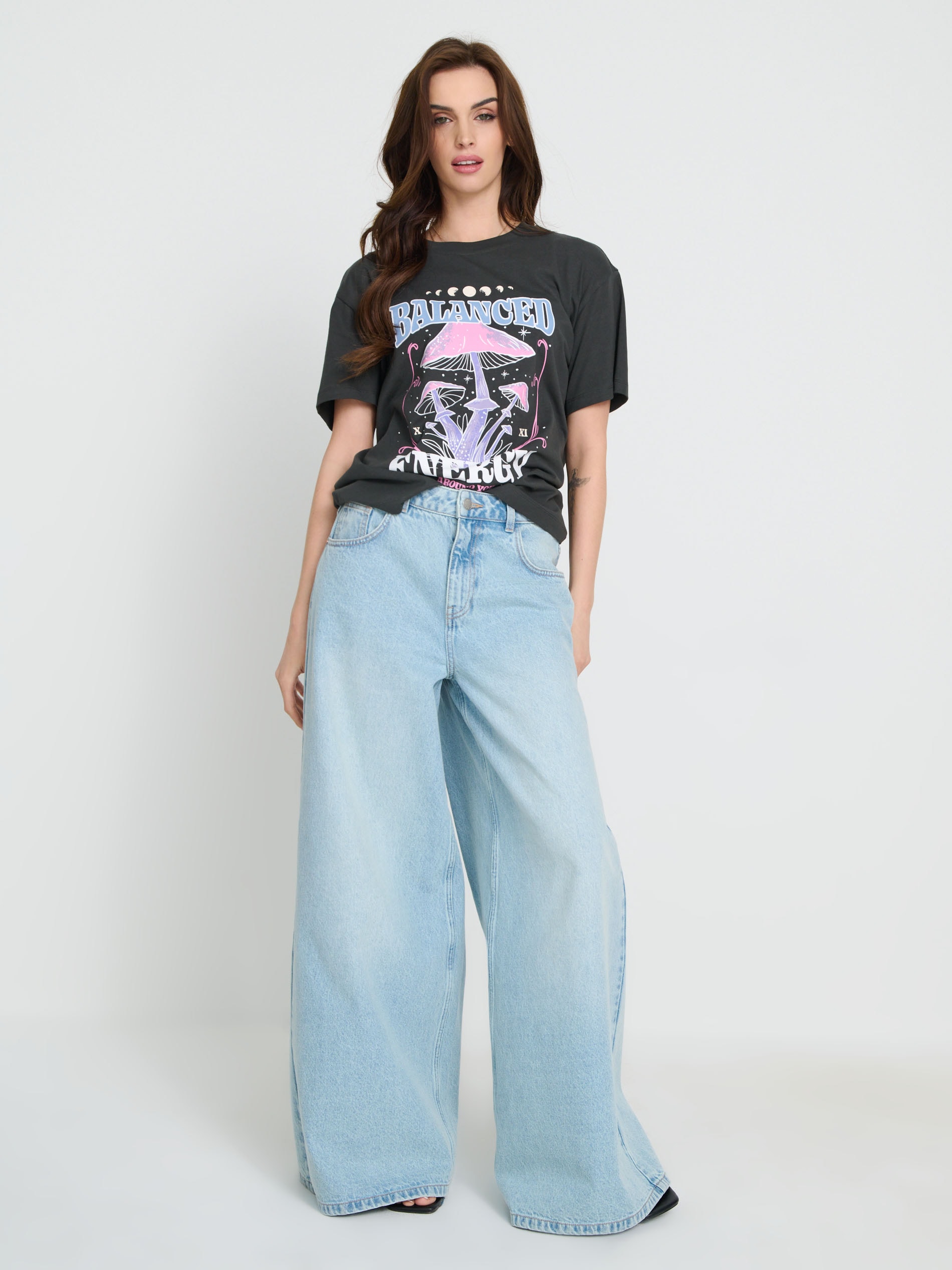 Sinsay - Koszulka oversize z nadrukiem - szary