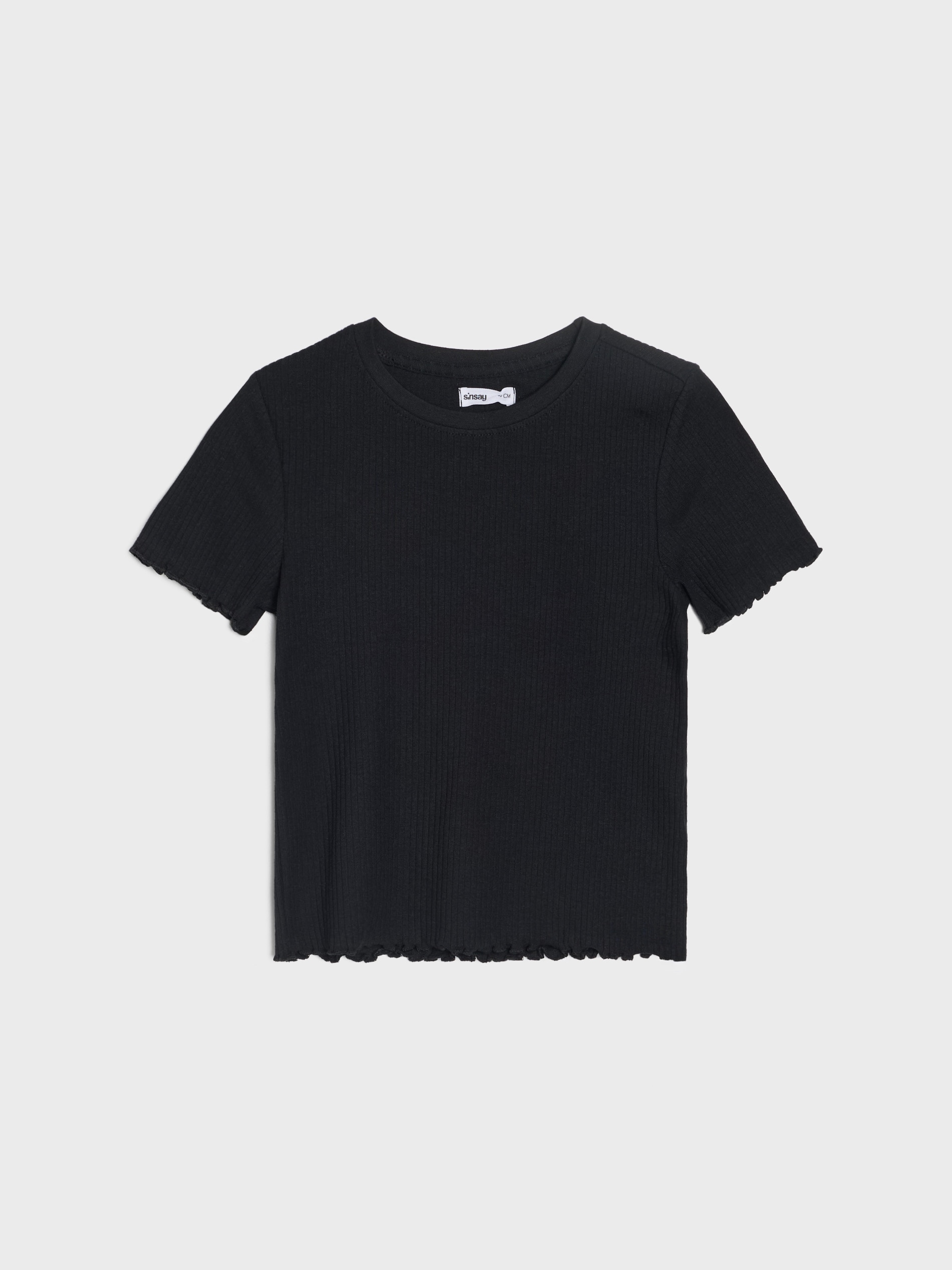 Sinsay - Prążkowana koszulka z ozdobnymi falbankami - czarny