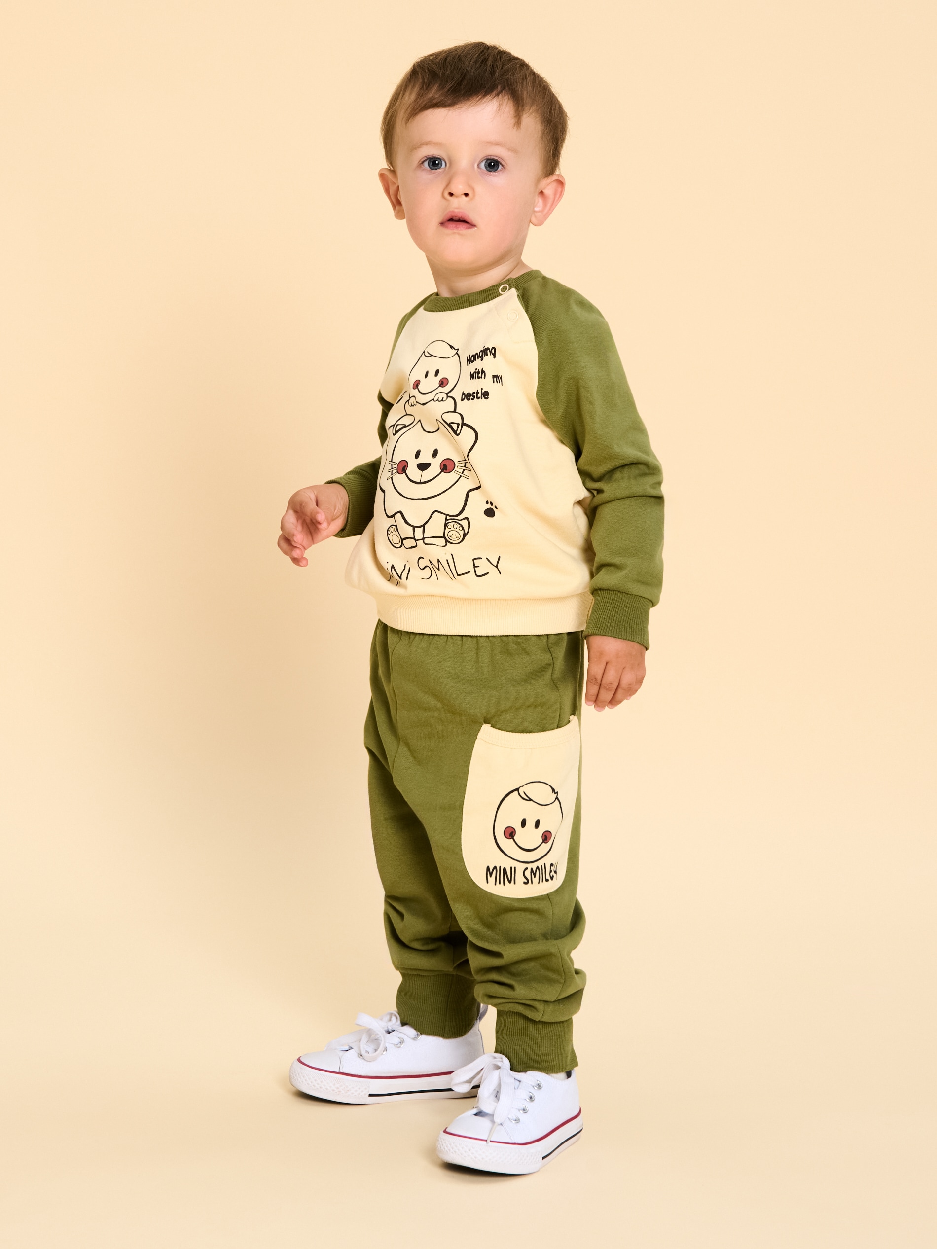 Sinsay - Bawełniany komplet: bluza i spodnie Mini Smiley® - kremowy