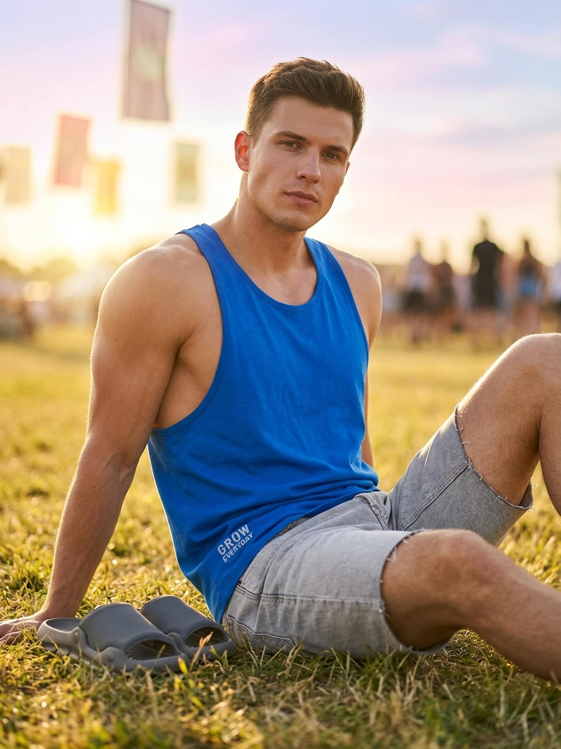 Sinsay - Bawełniany tank top sportowy z napisem - niebieski